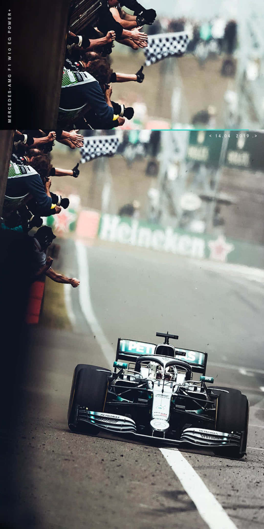 F1 2016 桌布 壁紙 — 一輛賓士一級方程式賽車衝過終點線，攝影師和粉絲在場邊歡呼。