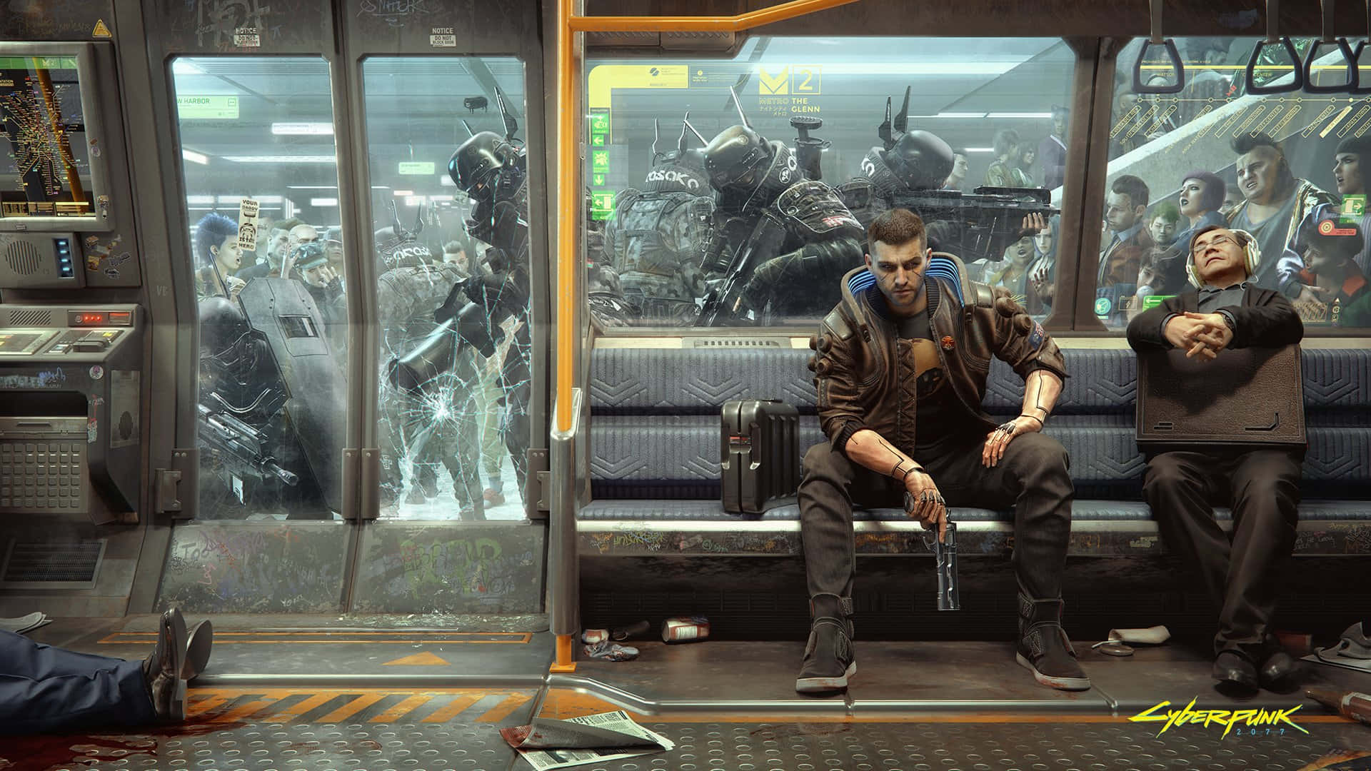 1080p Cyberpunk 2077 桌布 壁紙 — 一輛賽博龐克地鐵車廂，破碎的車窗顯露出外面的裝甲士兵，而兩名男子則平靜地坐在車廂內散落的碎片中。