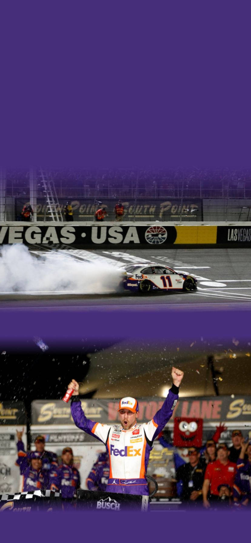 Denny Hamlin 桌布 壁紙 — 一輛賽車在拉斯維加斯賽車場的彎道中冒煙駛過，車手高舉雙臂慶祝勝利，彩紙飄落。