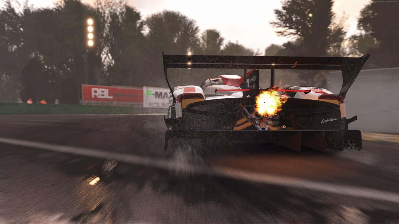 賽車在潮濕賽道上於黃昏時分爆炸起火 — Project Cars 壁紙