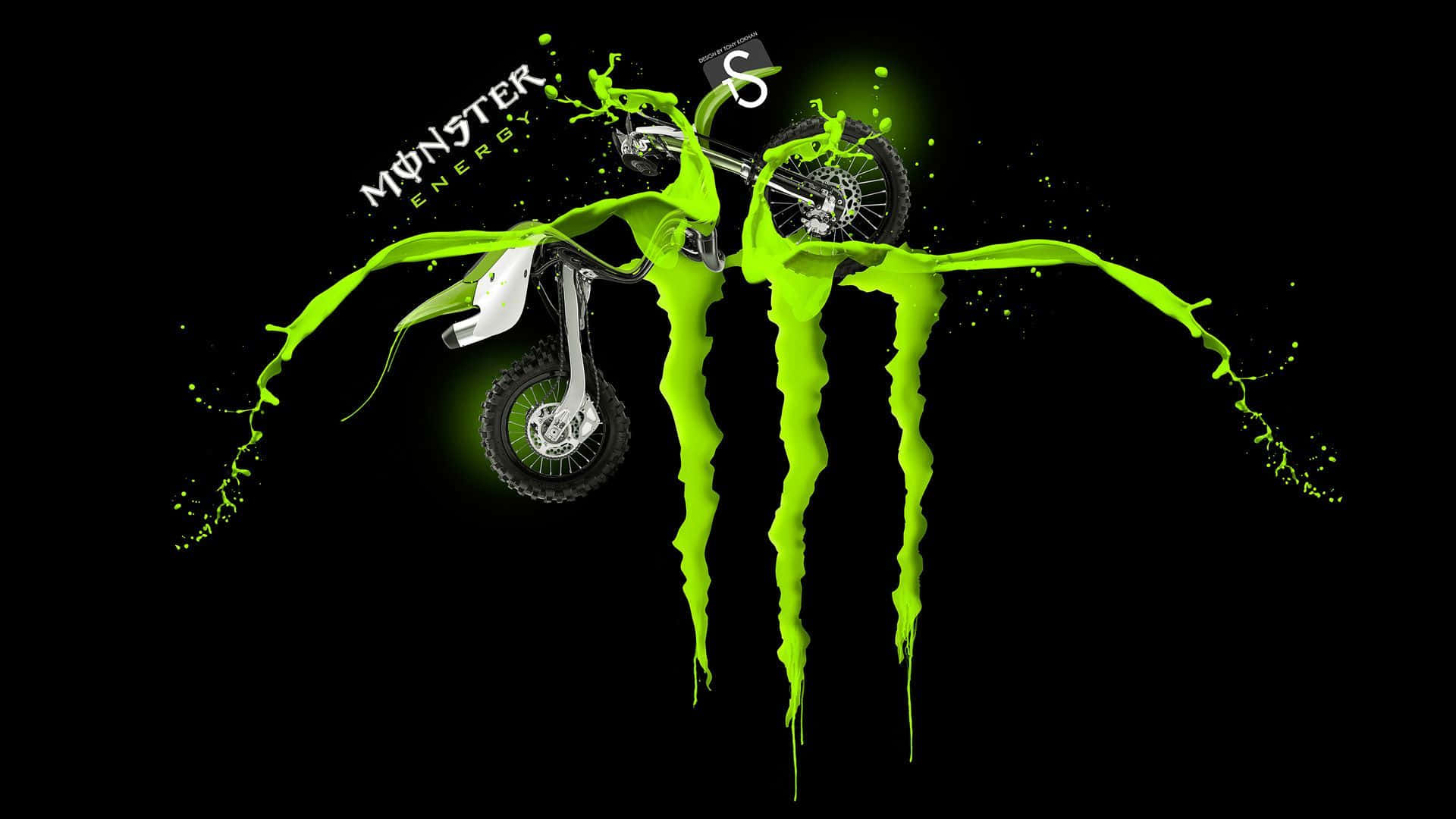 怪物 桌布 壁紙 — 一輛越野摩托車在半空中，黑色背景上有螢光綠色Monster Energy標誌飛濺效果。