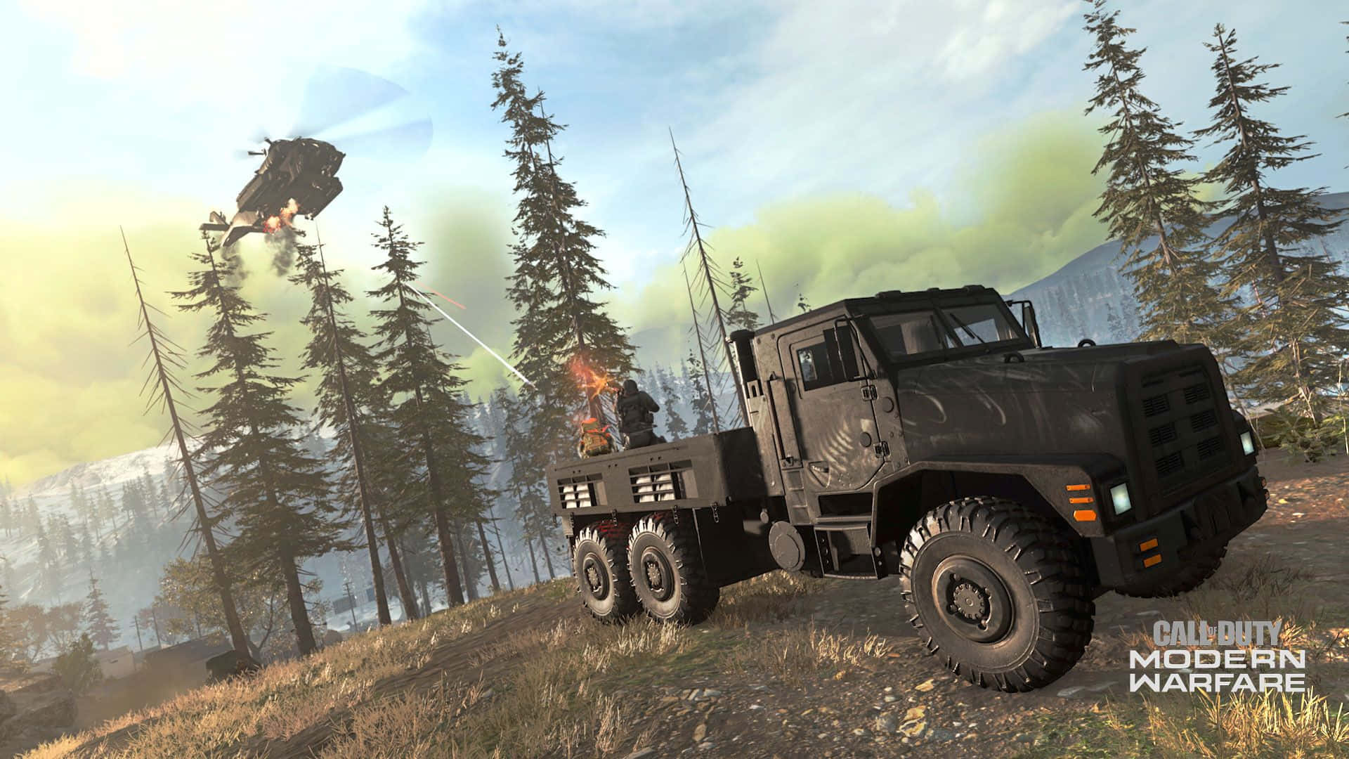 Call Of Duty Vehicles 桌布 壁紙 — 一輛軍用卡車在日落時分的雪地森林中向一架墜落的直升機發射導彈。