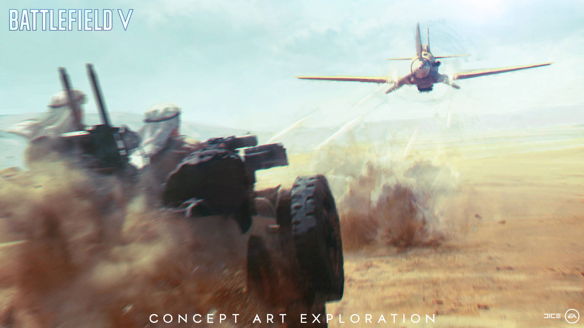 Battlefield 1 HD 桌布 壁紙 — 一輛軍用坦克在塵土飛揚的戰場上衝鋒，一架戰鬥機從頭頂俯衝射擊子彈，構成混亂的戰爭場景。