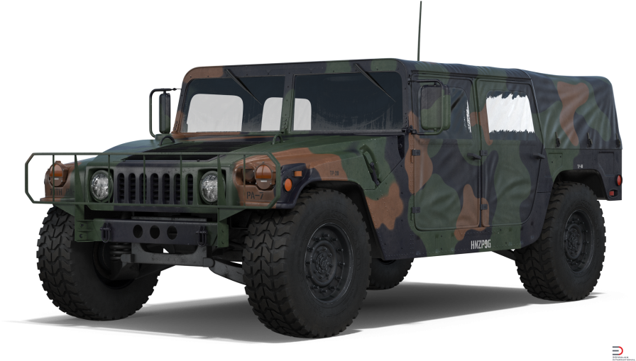 Hummer 桌布 壁紙 — 一輛軍用迷彩悍馬車，配備堅固輪胎和強化保險桿，孤立地立在黑色背景前。