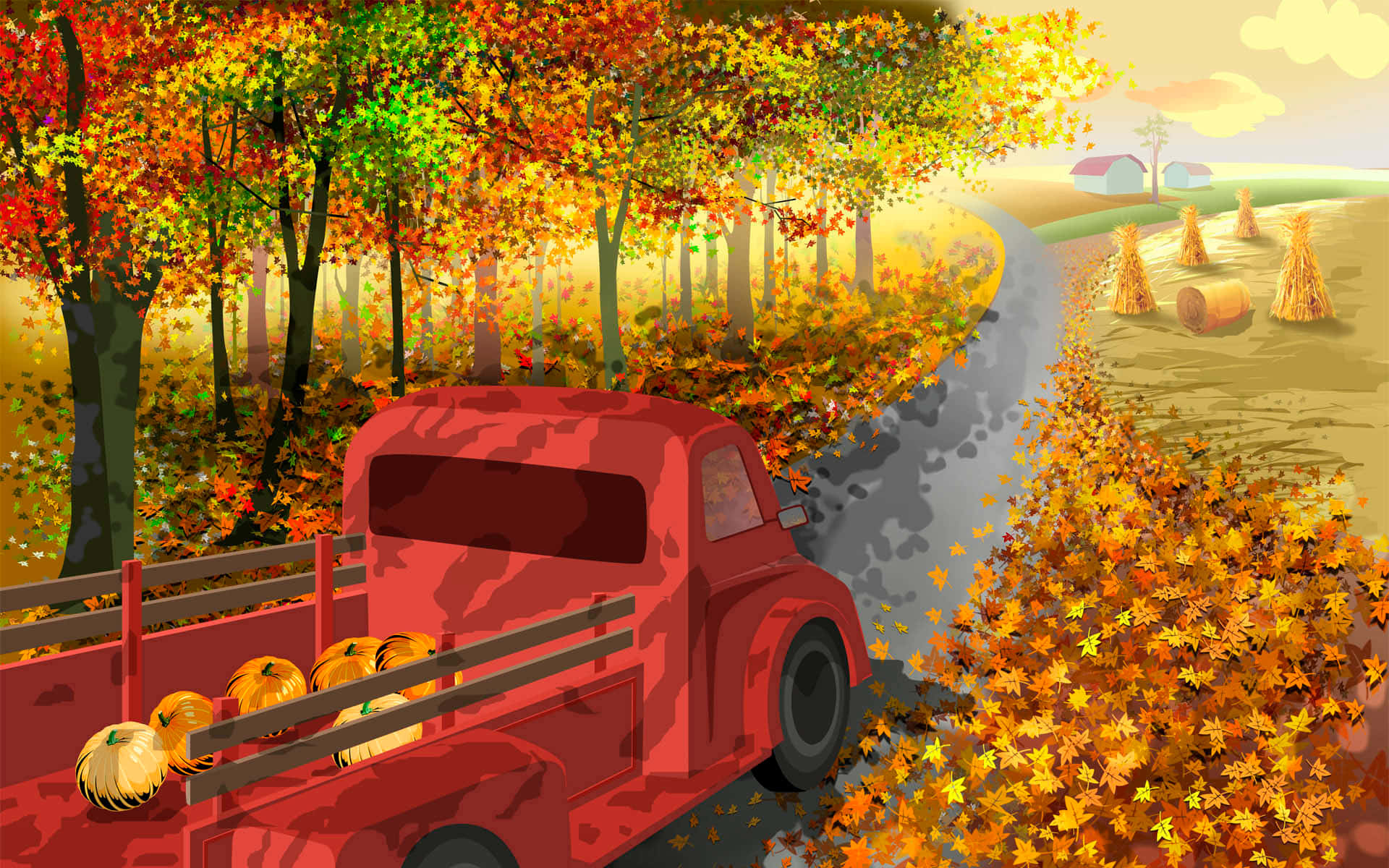 桌布 壁紙 — 一輛載滿南瓜的紅色復古卡車，駛過鋪滿落葉的道路，穿越色彩繽紛的秋日森林。