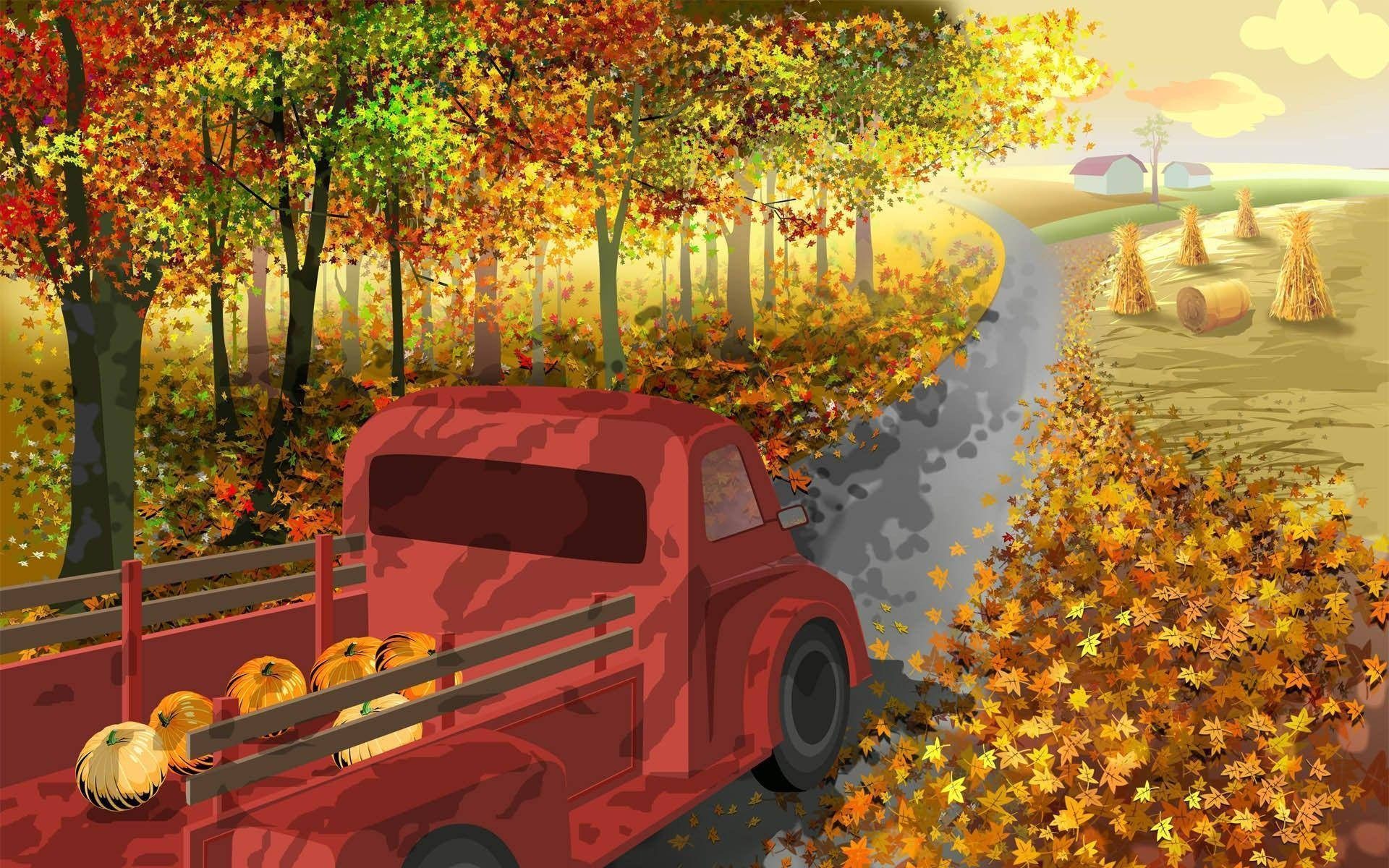 可愛秋天 桌布 壁紙 — 一輛載滿南瓜的紅色復古卡車駛過充滿活力的秋日森林，金色樹葉在蜿蜒的道路周圍旋轉。