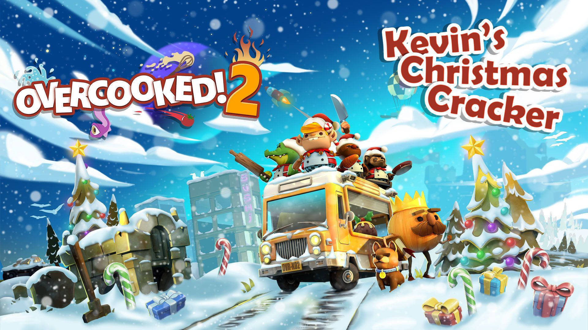 Overcooked 桌布 壁紙 — 一輛載滿廚師和動物的節日卡通巴士在白雪皚皚的聖誕小鎮中疾馳，小鎮上有拐杖糖和裝飾樹。