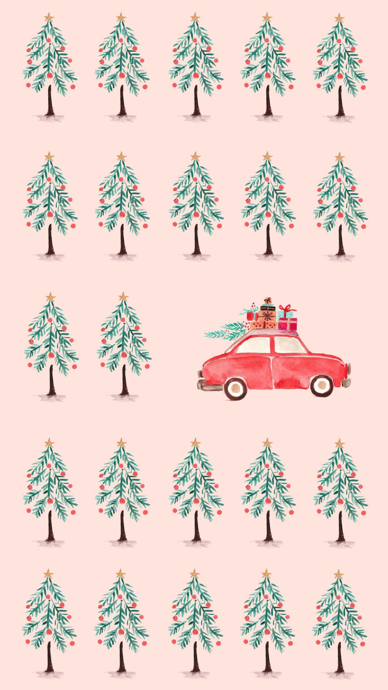 Winter Phone 桌布 壁紙 — 一輛載滿禮物的紅色復古車行駛在柔軟粉紅色背景上重複的水彩聖誕樹田野中。
