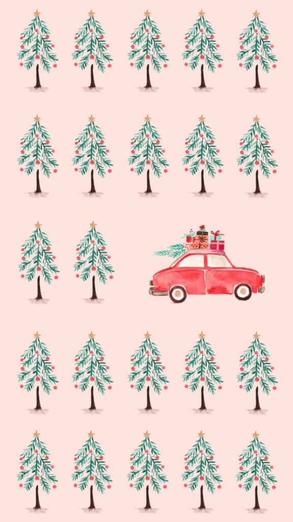 Cute Simple Christmas 桌布 壁紙 — 一輛載滿禮物的紅色汽車駛過一片重複的水彩聖誕樹田野，背景是柔和的粉紅色。
