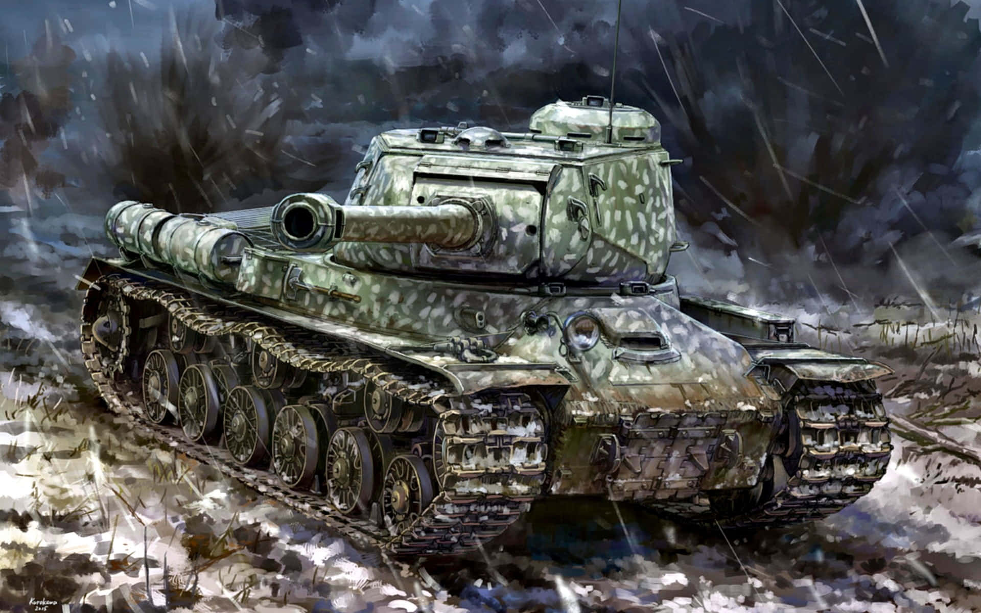 Soviet 桌布 壁紙 — 一輛迷彩坦克在風雪交加的戰場上戰鬥，天空烏雲密佈，雪花紛飛。