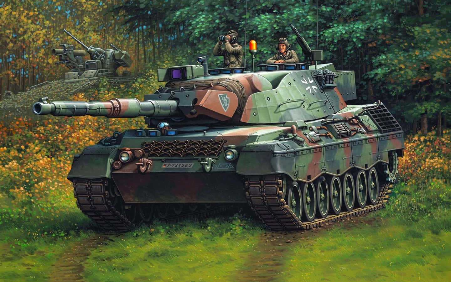 toys 桌布 壁紙 — 一輛迷彩軍用坦克載著士兵，停在充滿活力的秋林空地上。