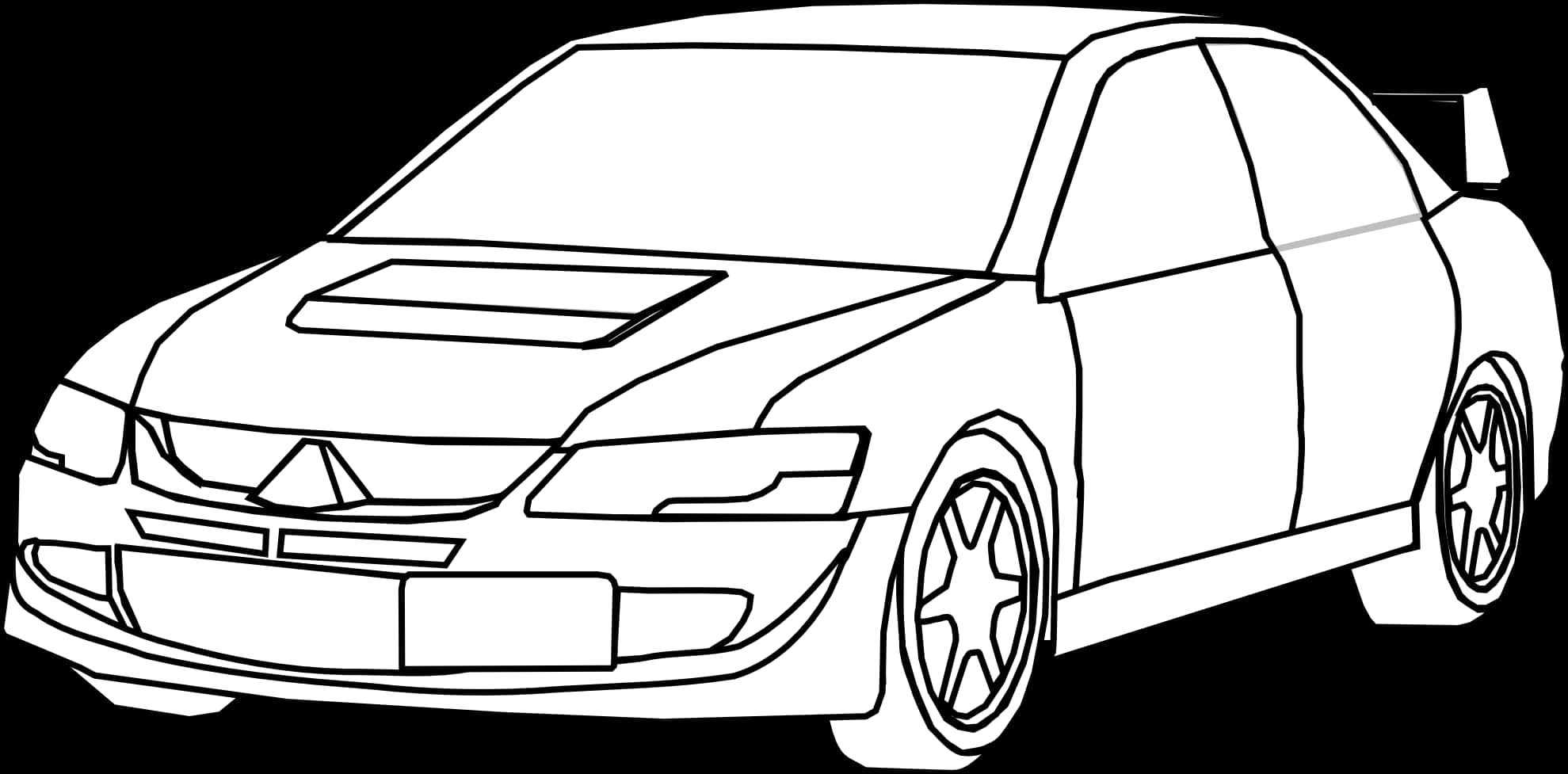 藝術 桌布 壁紙 — 一輛運動型轎車的時尚黑白線條圖，帶有後擾流板和精細車輪。