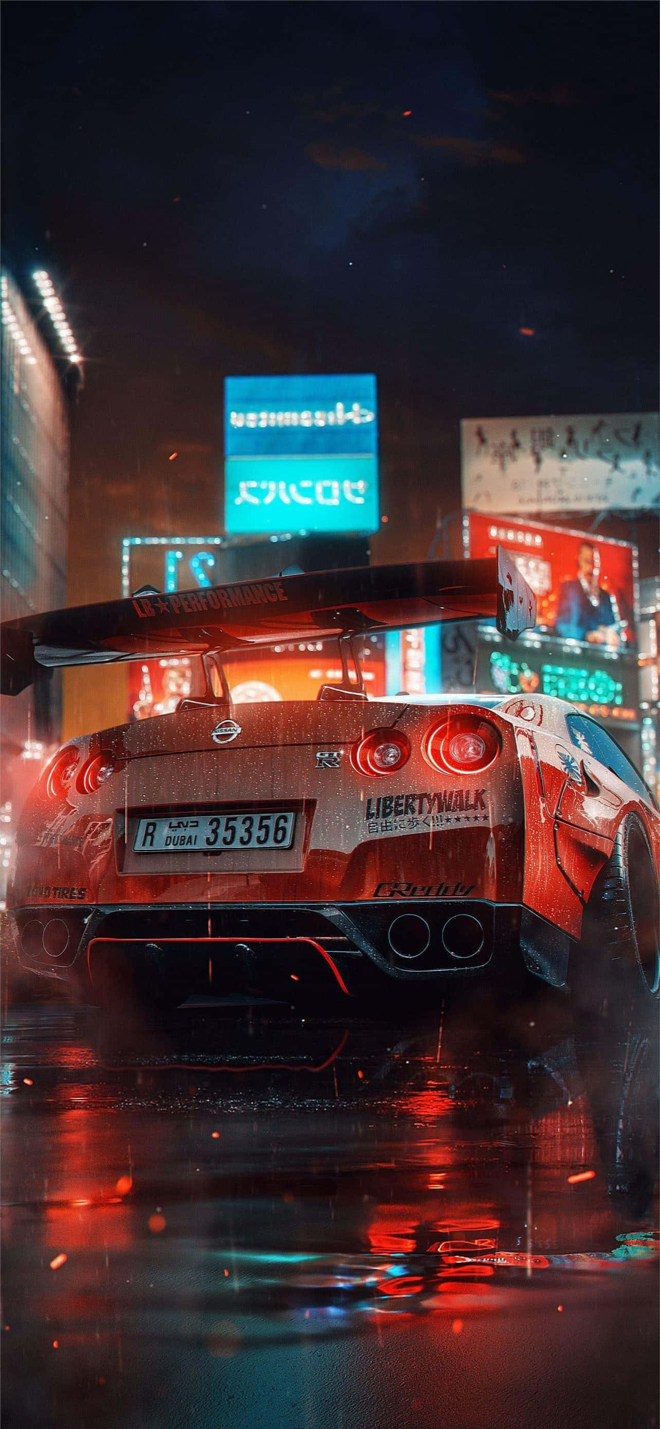 吉他 iPhone 桌布 壁紙 — 一輛配備Liberty Walk套件的紅色日產GT-R在夜晚霓虹燈光閃爍的雨城市街道上疾馳，在潮濕的路面上反射出鮮豔的光芒。
