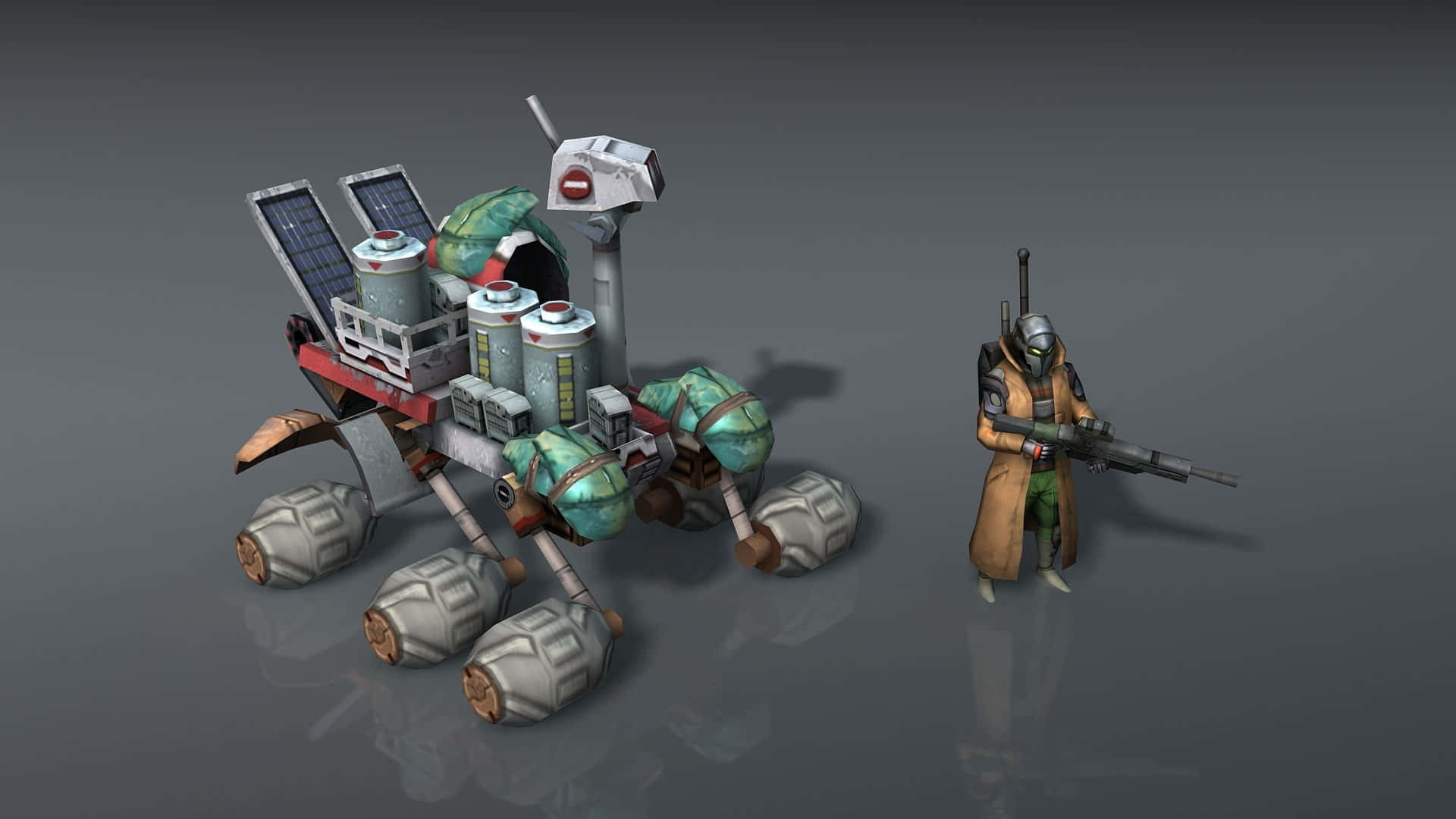Civilization Beyond Earth 桌布 壁紙 — 一輛配備太陽能板和貨物的堅固未來漫遊車，站在一個戴面具、手持步槍的士兵旁邊，地面是反光的灰色表面。