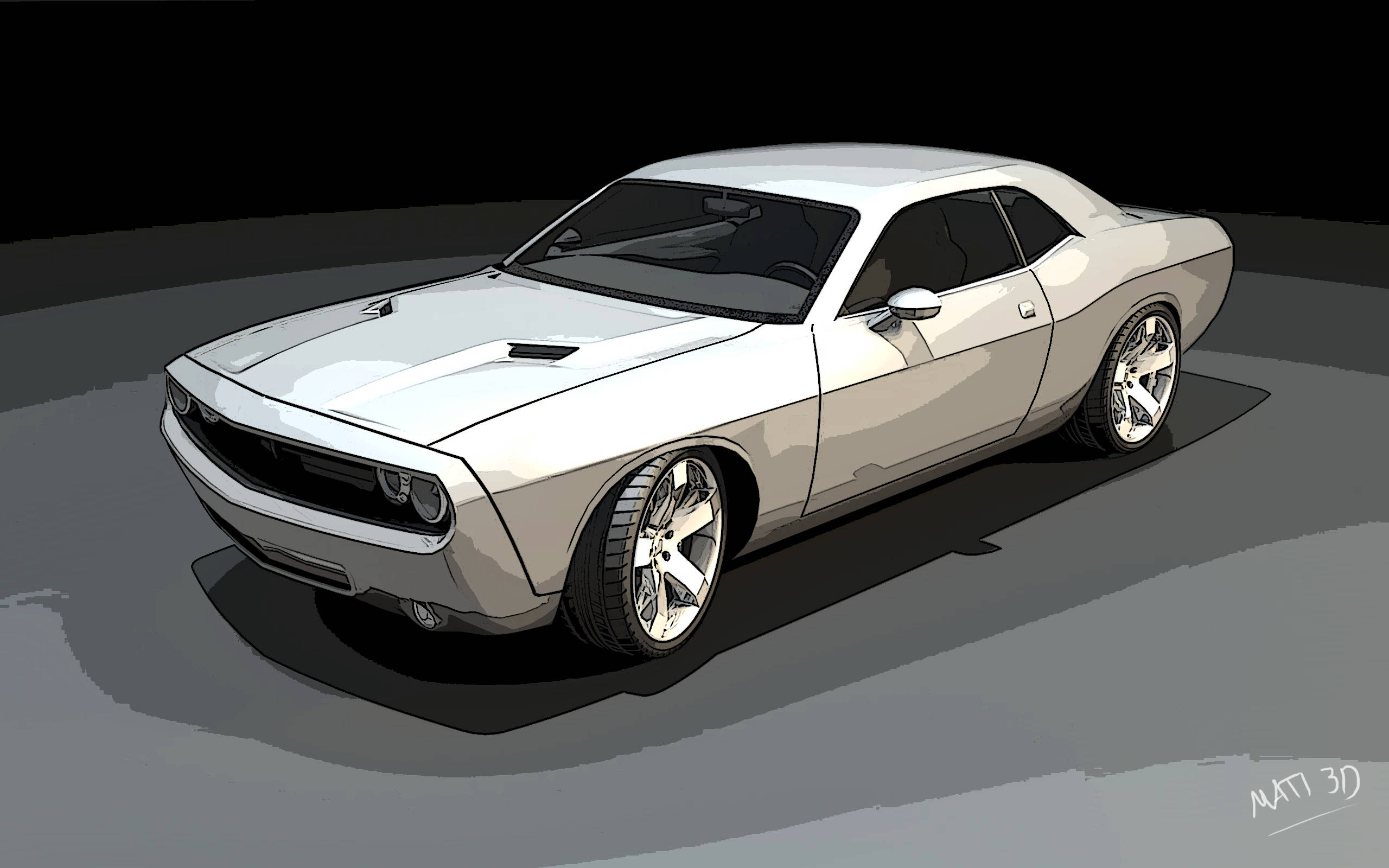 dodge iPhone 桌布 壁紙 — 一輛配備定制輪圈的時尚白色經典肌肉車在極簡工作室環境中，以戲劇性燈光展示。