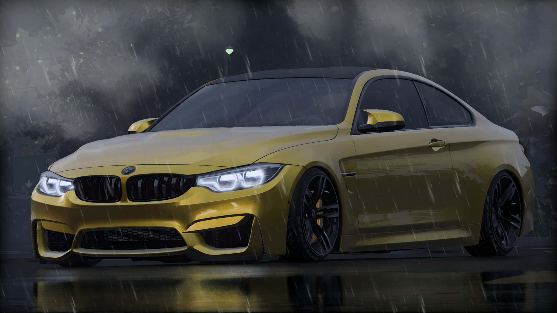 BMW M4 NFS 壁紙 — 一輛金色BMW M4轎跑車在雨中閃耀，車頭燈亮起，在濕漉漉的瀝青路面上反射，背景是黑暗的暴風雨。