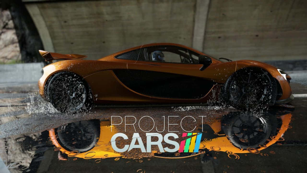 電玩遊戲 桌布 壁紙 — 一輛金色McLaren跑車在混凝土天橋下的水坑中飄移，水花四濺，場面震撼。