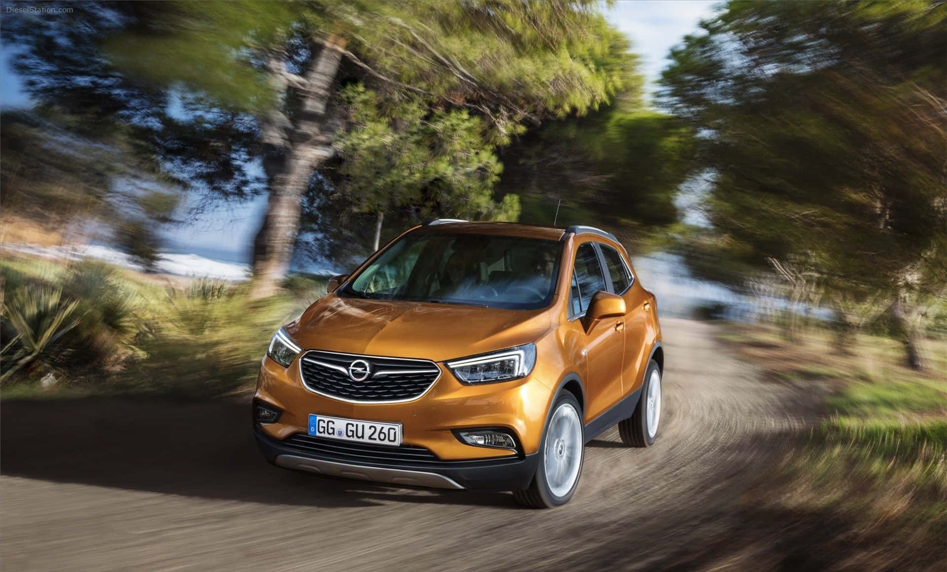 Opel Mokka 桌布 壁紙 — 一輛金色SUV沿著蜿蜒的林間道路疾馳，樹木和天空周圍呈現動態模糊效果。