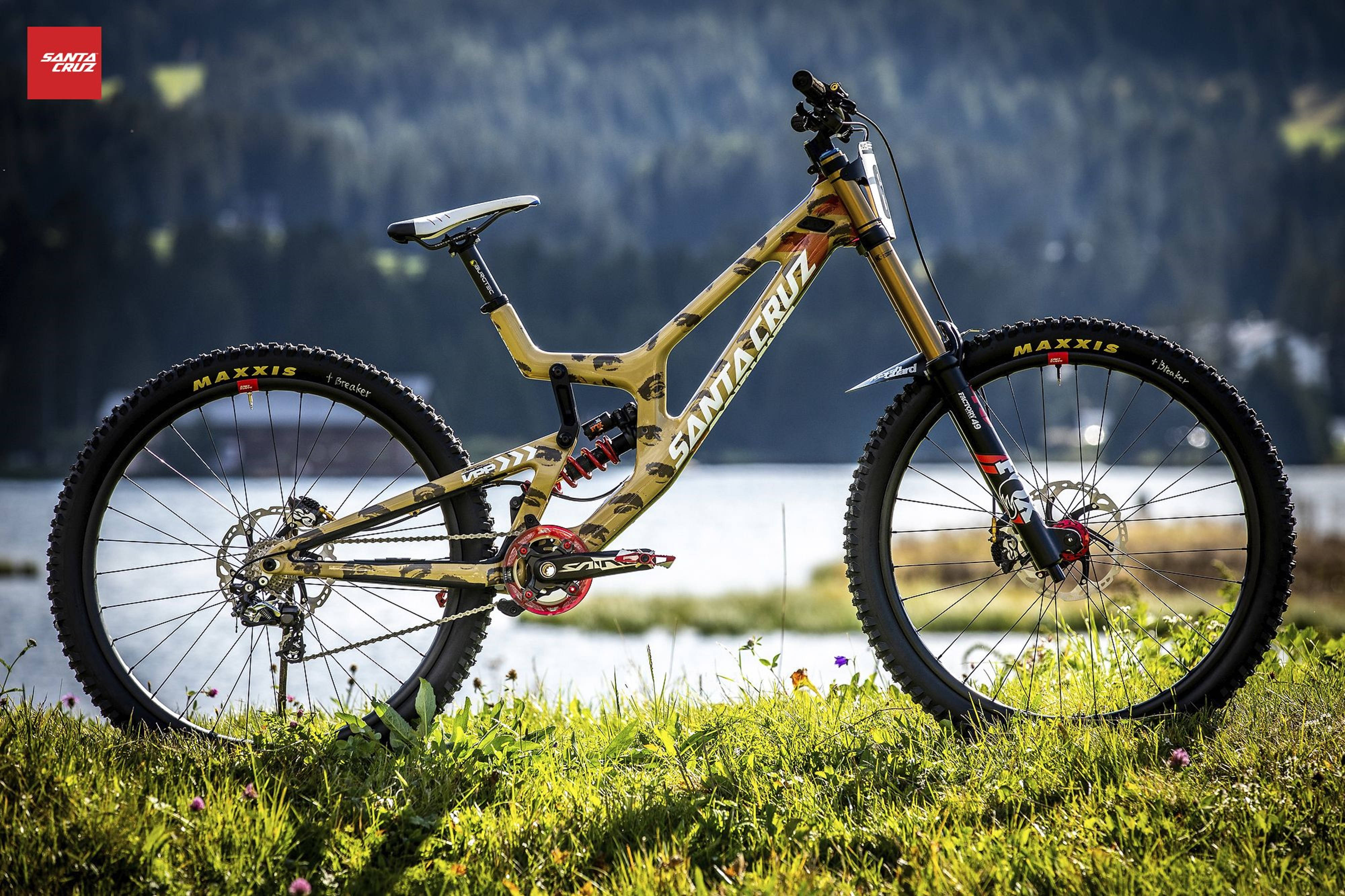 Mountain Bike 桌布 壁紙 — 一輛金色和黑色迷彩登山車停在充滿活力的綠色草地上，旁邊是一個平靜的湖泊，背景是森林覆蓋的山丘。