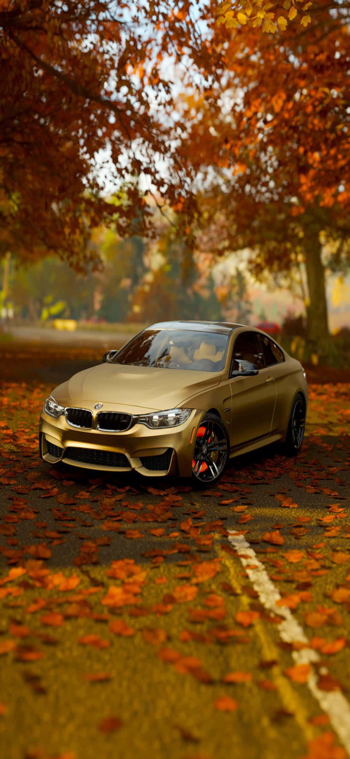iPhone Xs Forza Horizon 4 桌布 壁紙 — 一輛金色寶馬雙門跑車停泊在鋪滿落葉的道路上，上方是色彩繽紛的秋日樹冠。