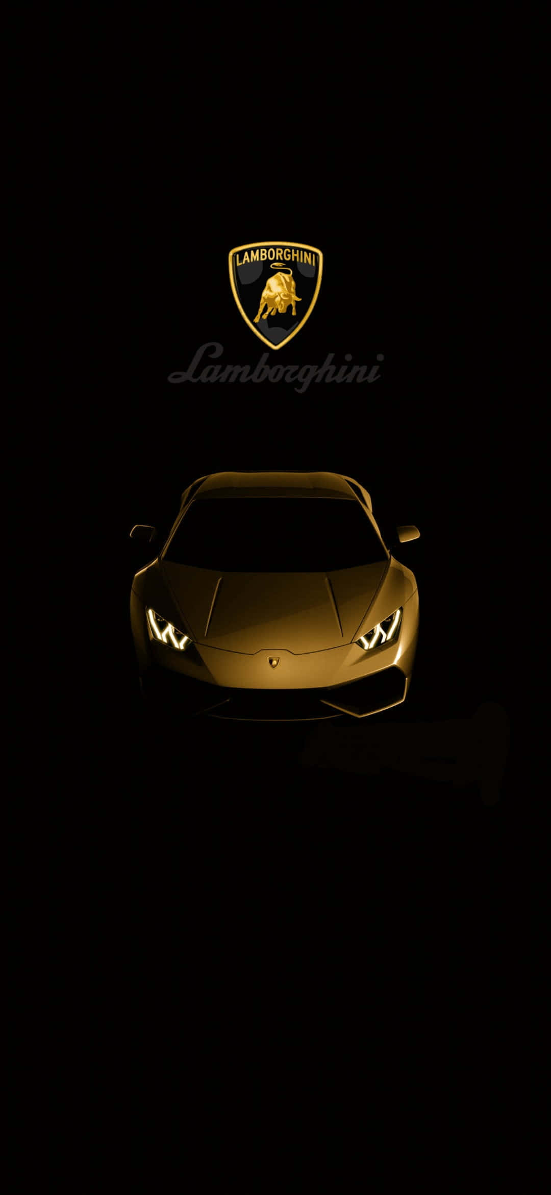 Gold Lamborghini 桌布 壁紙 — 一輛金色藍寶堅尼跑車在漆黑背景中閃耀著亮起的車頭燈，上方有品牌標誌。