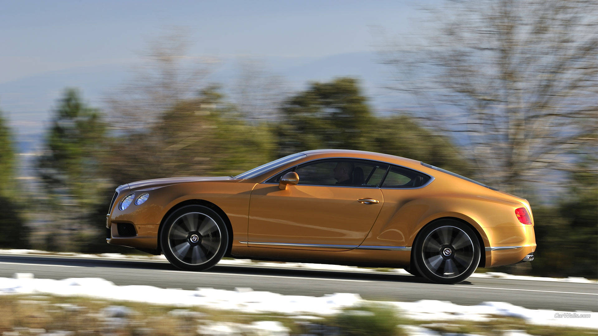 bentley HD 桌布 壁紙 — 一輛金色賓利 Continental GT 在白雪覆蓋的路邊疾馳，背景是模糊的樹木和遠處的山脈，天空清澈湛藍。