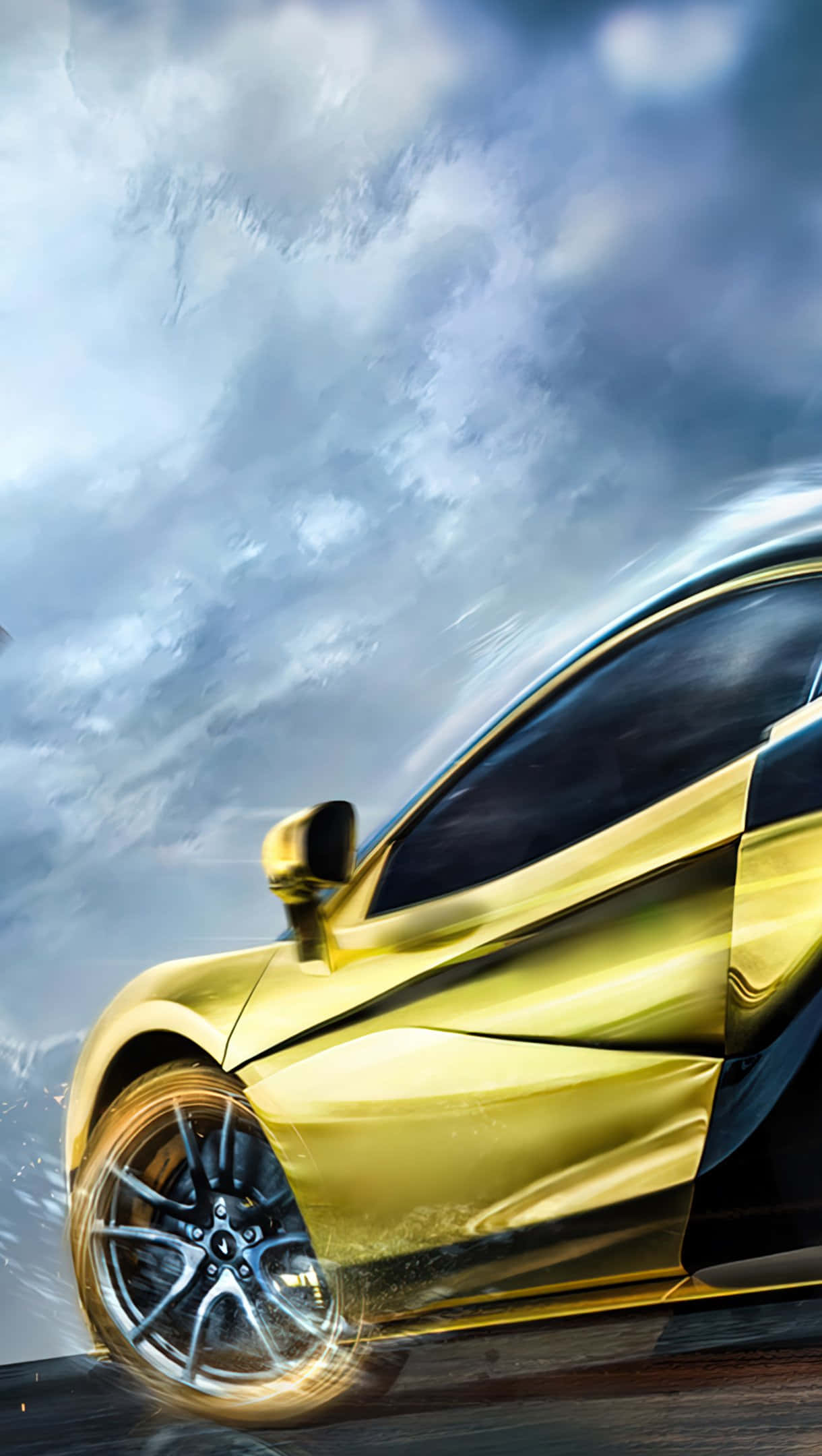 Gold Cars 桌布 壁紙 — 一輛金色跑車在暴風雨中疾馳，帶有動態模糊和發光的車輪。