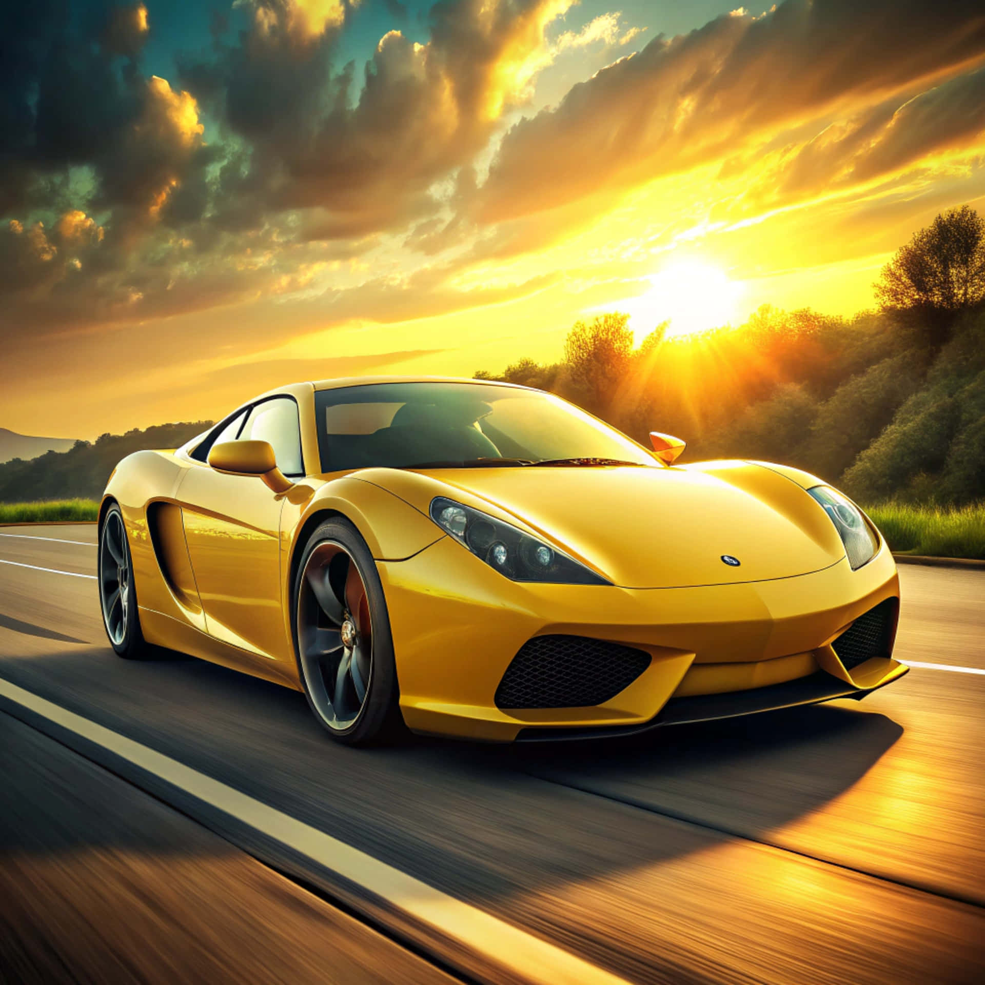 Sports car 壁紙 — 一輛金色跑車在高速公路上疾馳，背景是壯麗的日落，火燒雲和陽光四射。