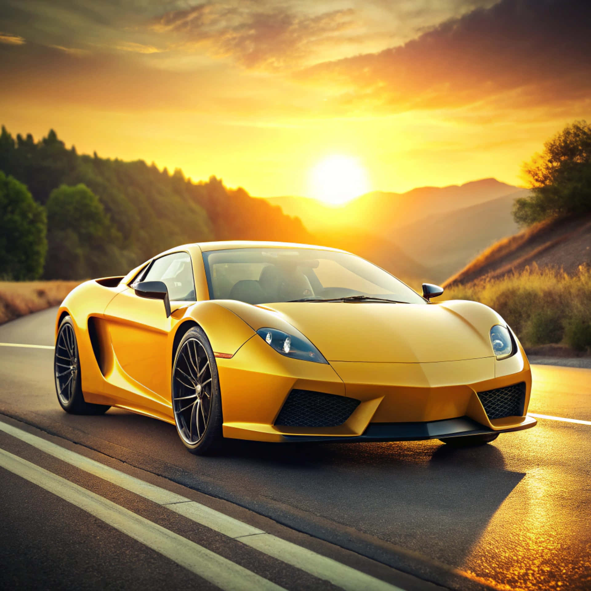 Sports car 壁紙 — 一輛金色跑車沿著蜿蜒的道路行駛，夕陽落在遠山之後，為整個場景灑下溫暖的光芒。