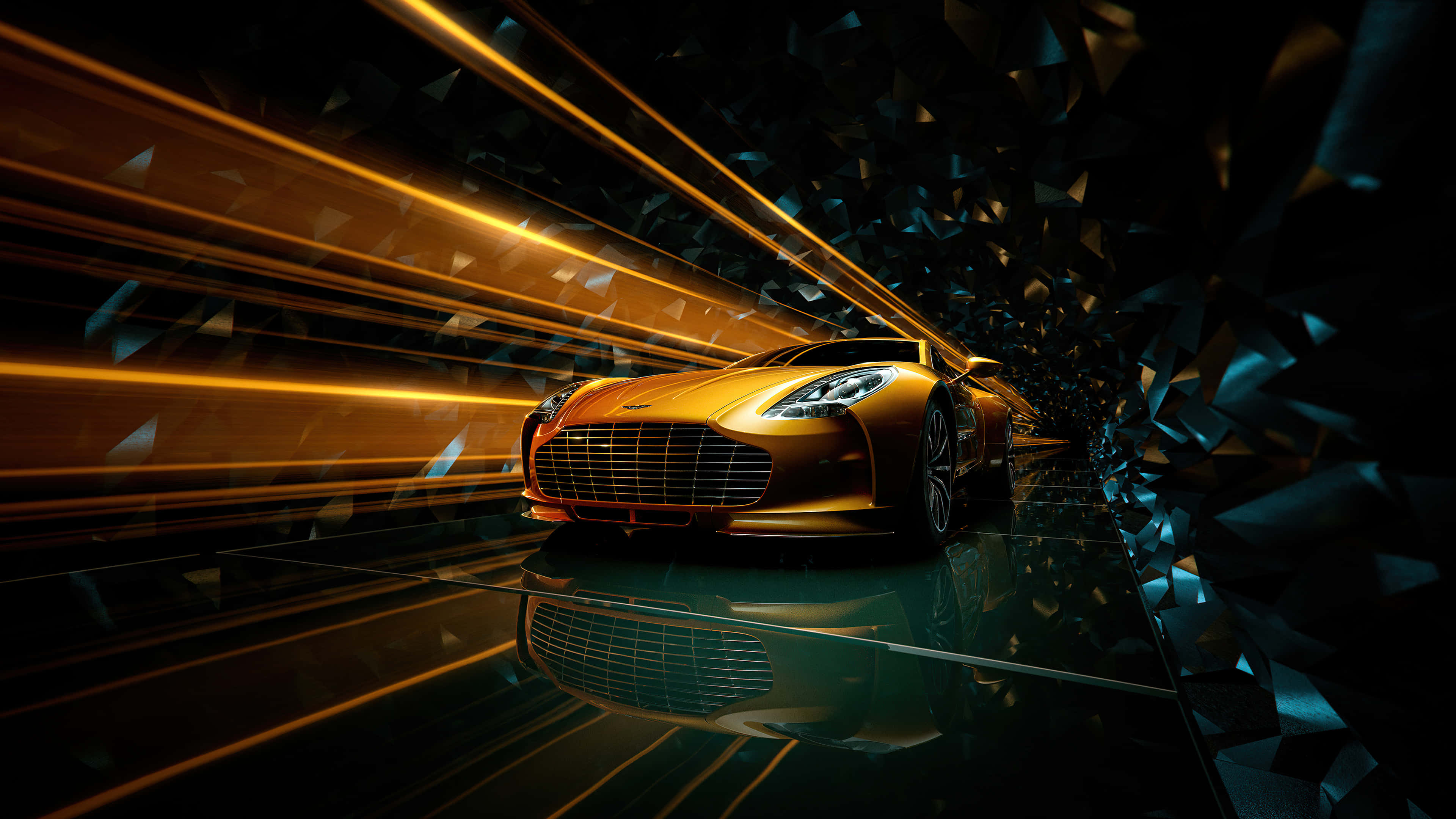 Gold Cars 桌布 壁紙 — 一輛金色跑車穿過一條充滿發光橙色條紋和暗色幾何碎片的隧道。