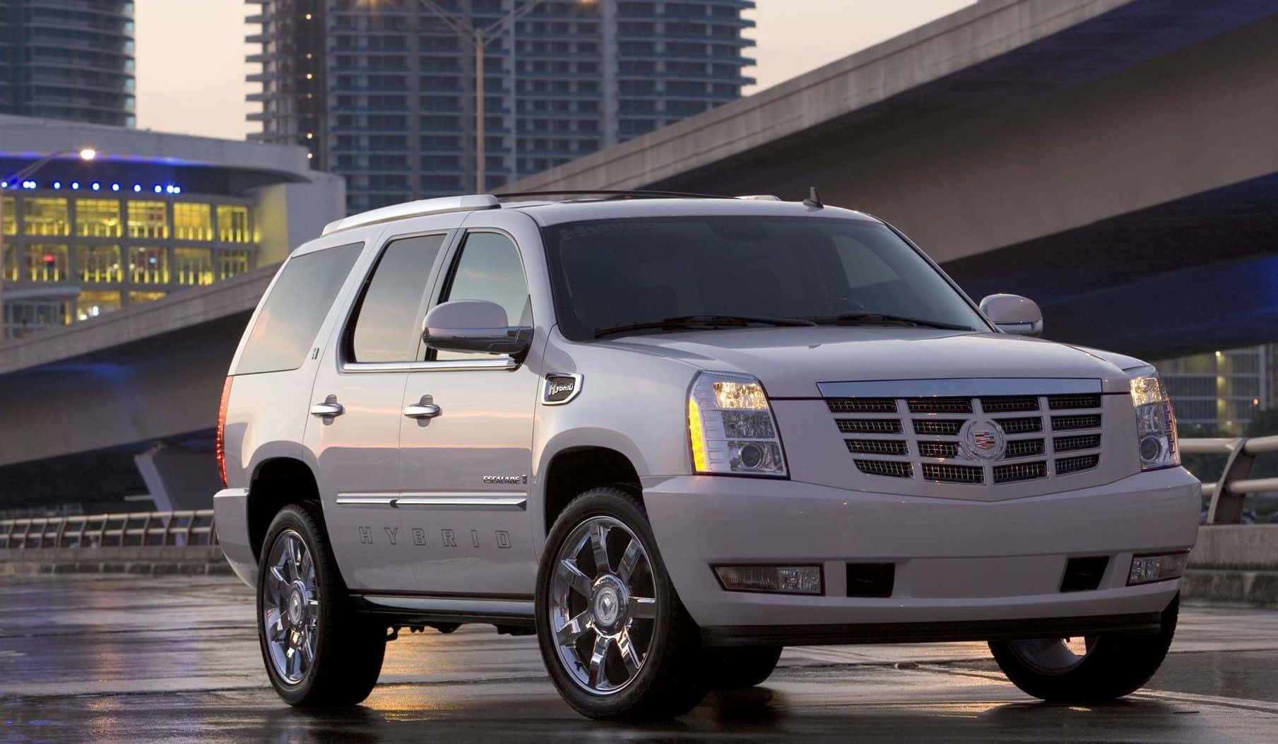 Cadillac Escalade 桌布 壁紙 — 一輛銀色 Cadillac Escalade Hybrid SUV 在黃昏時分的濕漉漉城市街道上閃閃發光，城市燈光在其拋光表面上反射。