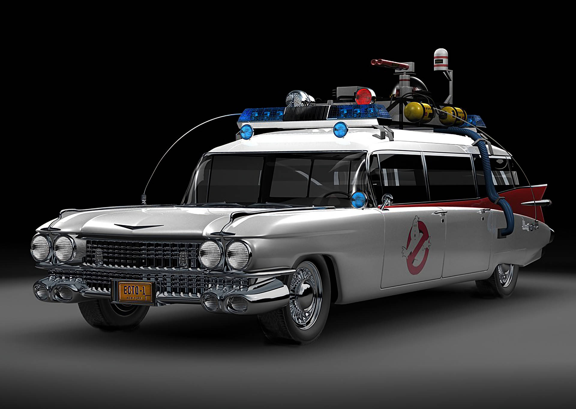 魔鬼剋星 桌布 壁紙 — 一輛銀色1959年凱迪拉克靈車改裝成魔鬼剋星Ecto 1，帶有紅色條紋和鬼魂標誌，背景為黑色攝影棚。
