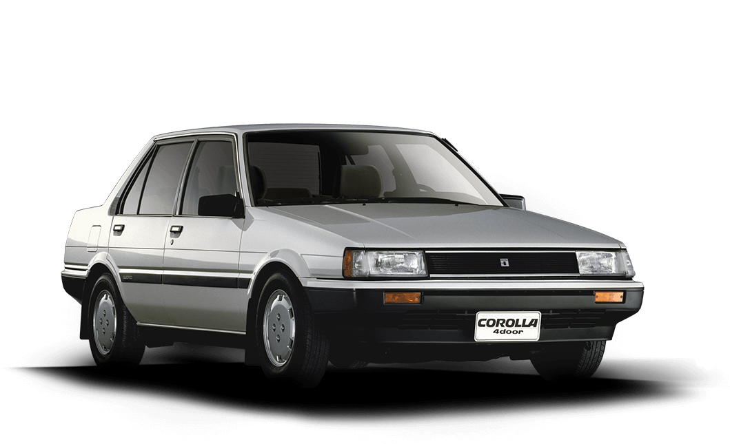 豐田 桌布 壁紙 — 一輛銀色1983年豐田Corolla 4門轎車在黑色背景上以工作室燈光展示，上方有大型白色「1983」文字。