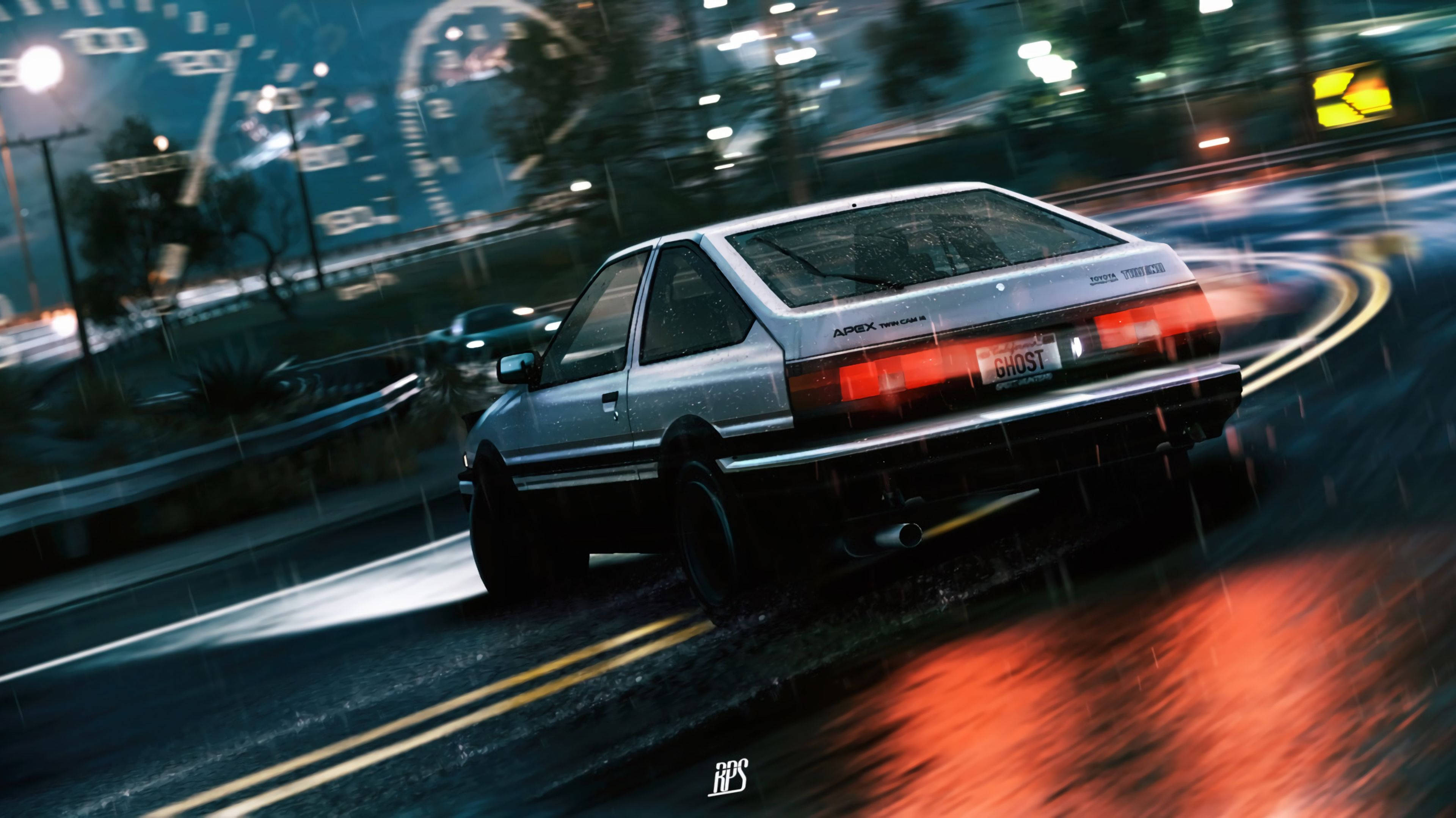 drifting 桌布 壁紙 — 一輛銀色AE86在夜晚的雨濕霓虹燈街道上飄移，帶有動態模糊和發光的尾燈。