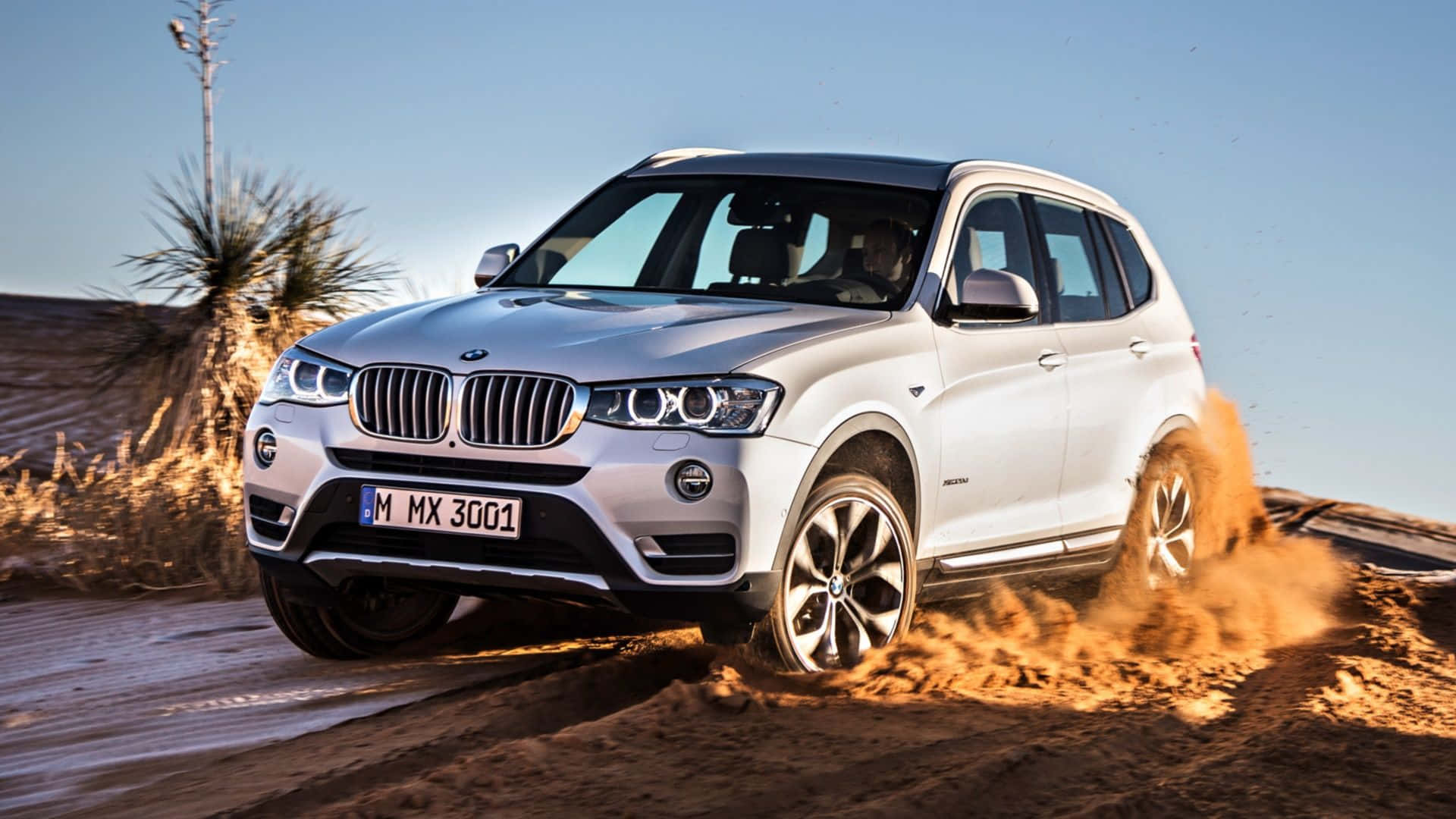 Bmw X3 桌布 壁紙 — 一輛銀色BMW SUV在陽光普照、植被稀疏的沙漠景觀中高速行駛，揚起灰塵。