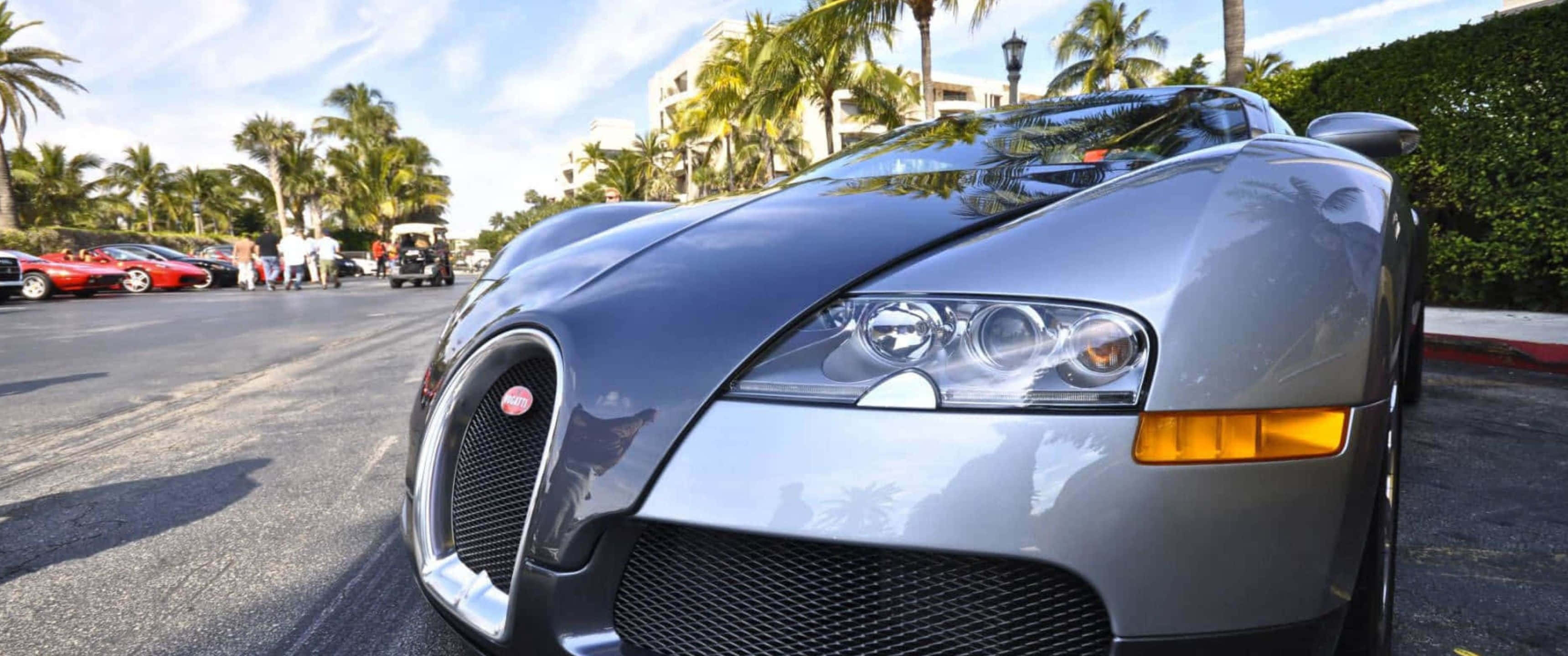 3440x1440p Bugatti 桌布 壁紙 — 一輛銀色Bugatti Veyron停泊在棕櫚樹成蔭的街道上，背景有豪華汽車和人群。