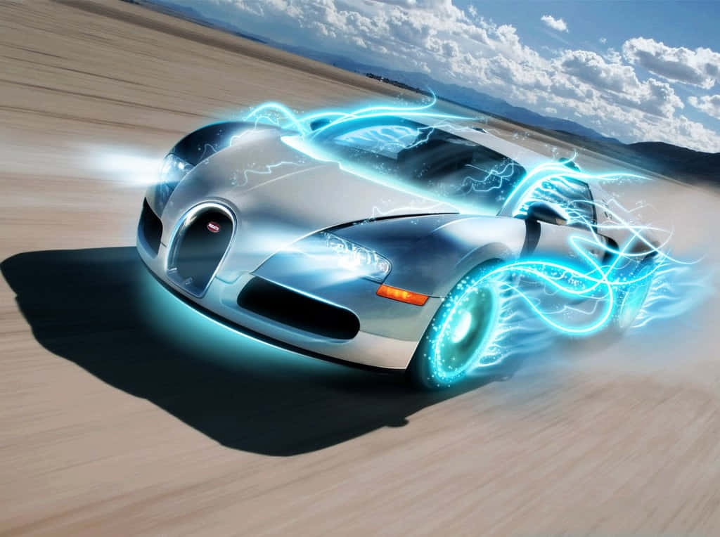 Best Bugatti 桌布 壁紙 — 一輛銀色Bugatti超級跑車在沙漠中奔馳，車輪和車身周圍盤旋著發光的藍色能量軌跡。
