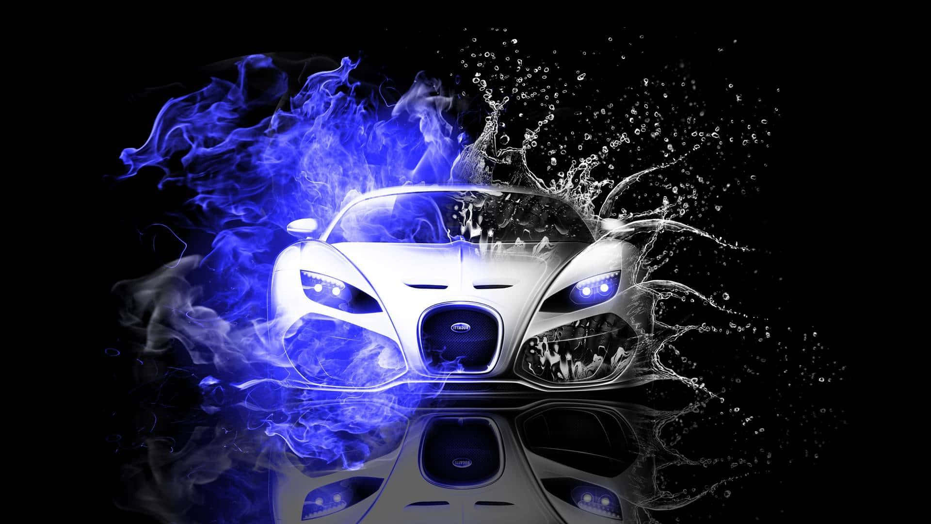 Best Bugatti 桌布 壁紙 — 一輛銀色Bugatti超級跑車從藍色火焰和水花中浮現，背景為黑色且帶有反射表面。