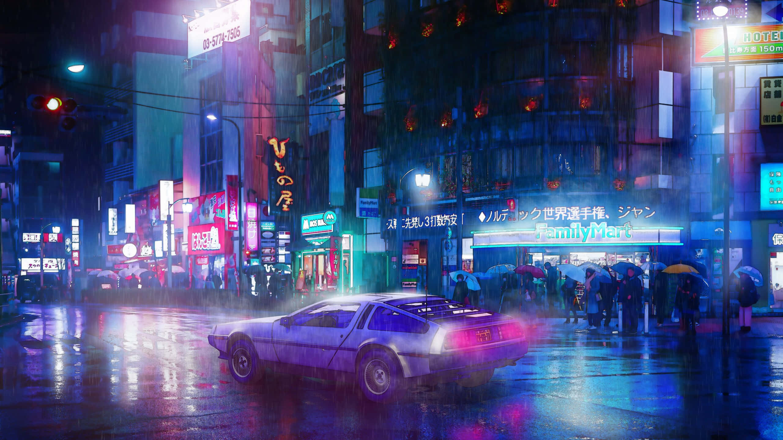 桌布 壁紙 — 一輛銀色DeLorean在夜晚霓虹燈閃爍的東京雨中街道上飛馳，周圍有發光的招牌和撐傘的行人。