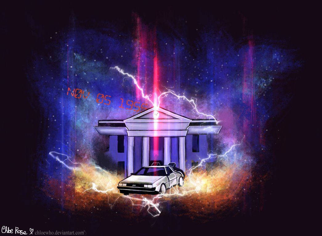 Future 桌布 壁紙 — 一輛銀色DeLorean時光機從一個熾熱的漩渦中出現，下方是發光的時間旅行法院，上方是電光紫色的閃電。