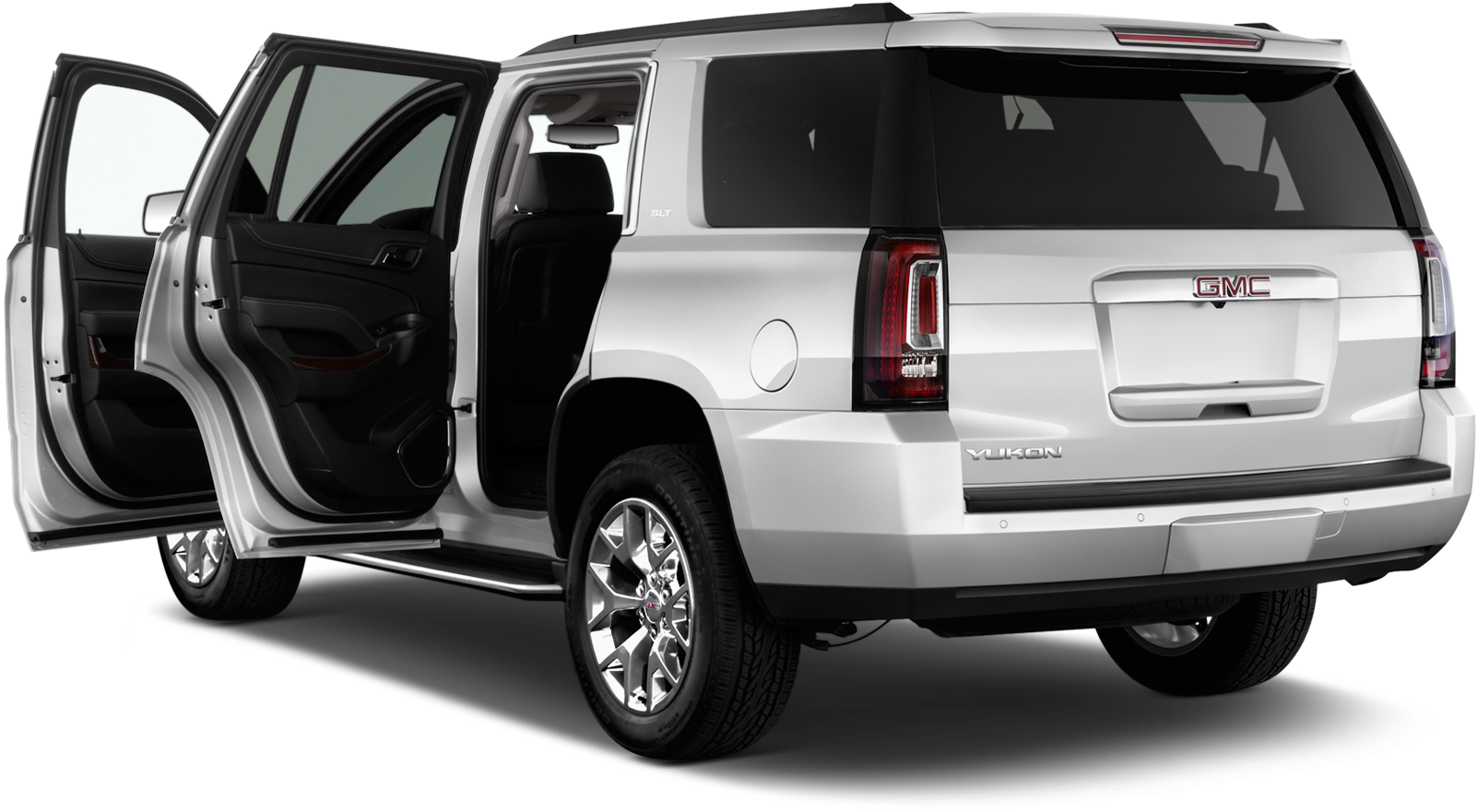 荒原路華 桌布 壁紙 — 一輛銀色GMC Yukon SUV，後門和側門打開，背景為黑色。