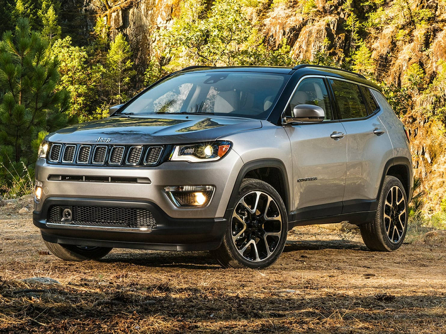 森林 桌布 壁紙 — 一輛銀色Jeep Compass SUV停泊在泥濘小徑旁，旁邊是陽光普照、綠樹成蔭的岩石懸崖。