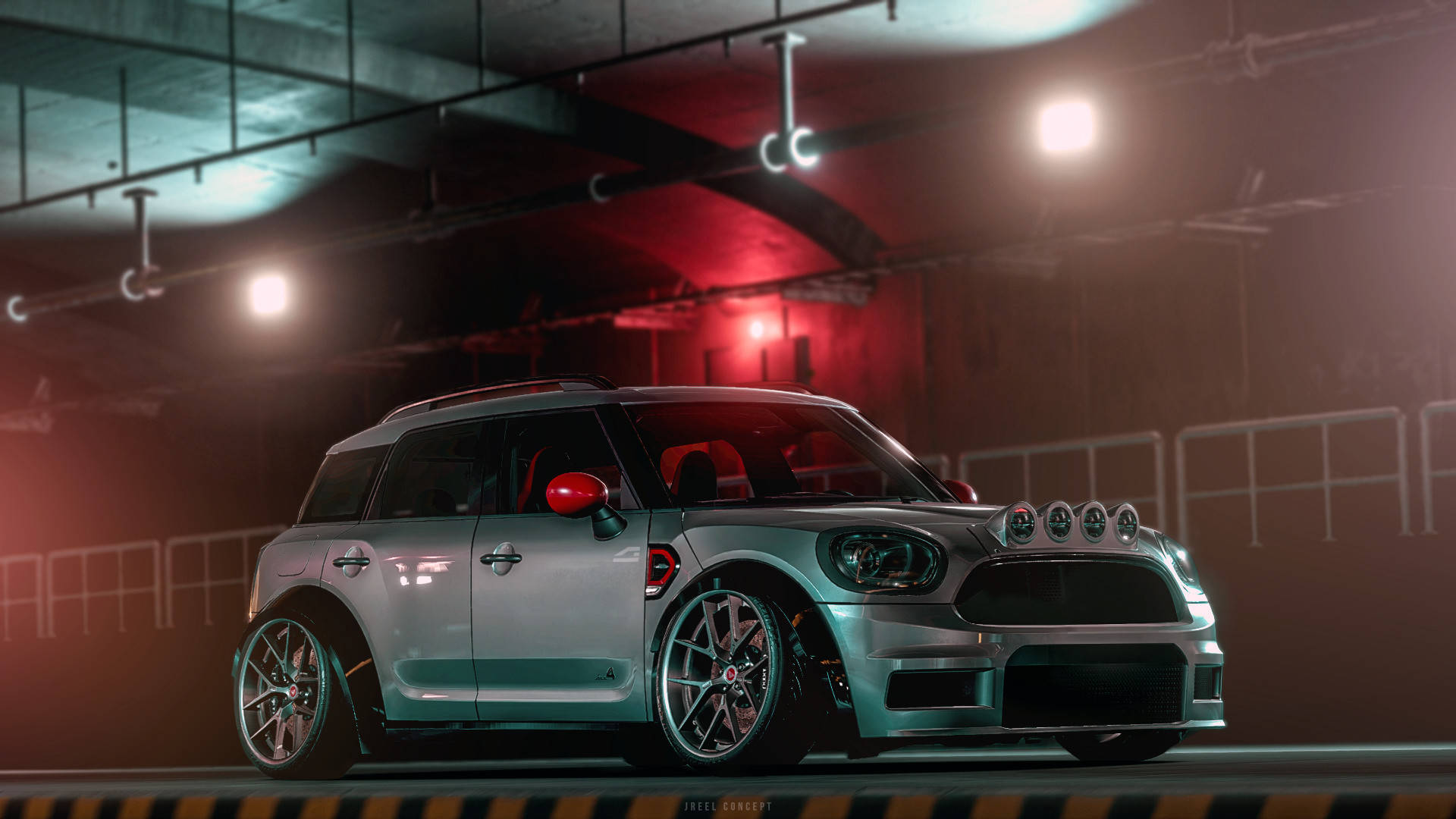Payback 桌布 壁紙 — 一輛銀色MINI Cooper，帶有紅色點綴和定制車燈，停在光線昏暗的工業車庫中，車庫內有紅色和藍綠色燈光。