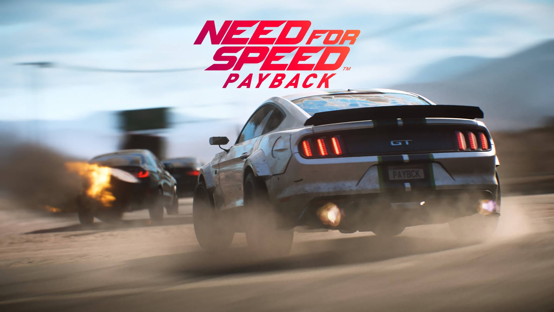 Payback 桌布 壁紙 — 一輛銀色Mustang GT在塵土飛揚的沙漠道路上激進飄移，後方對手車輛噴出火焰。