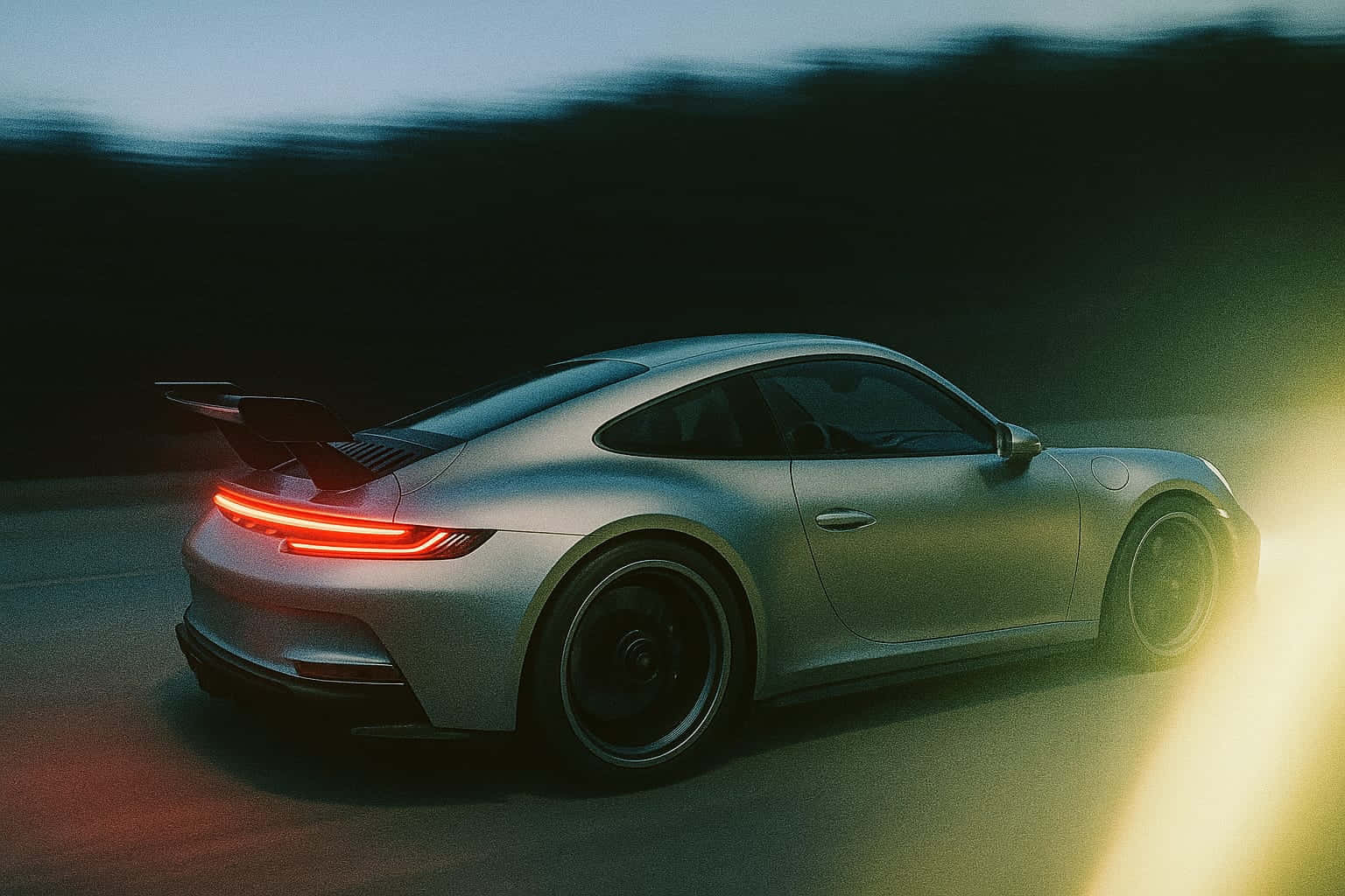 Porsche911 壁紙 — 一輛銀色保時捷911 GT3 RS在黃昏時分疾馳，紅色尾燈發光，帶有動態模糊，背景是黑暗的森林。