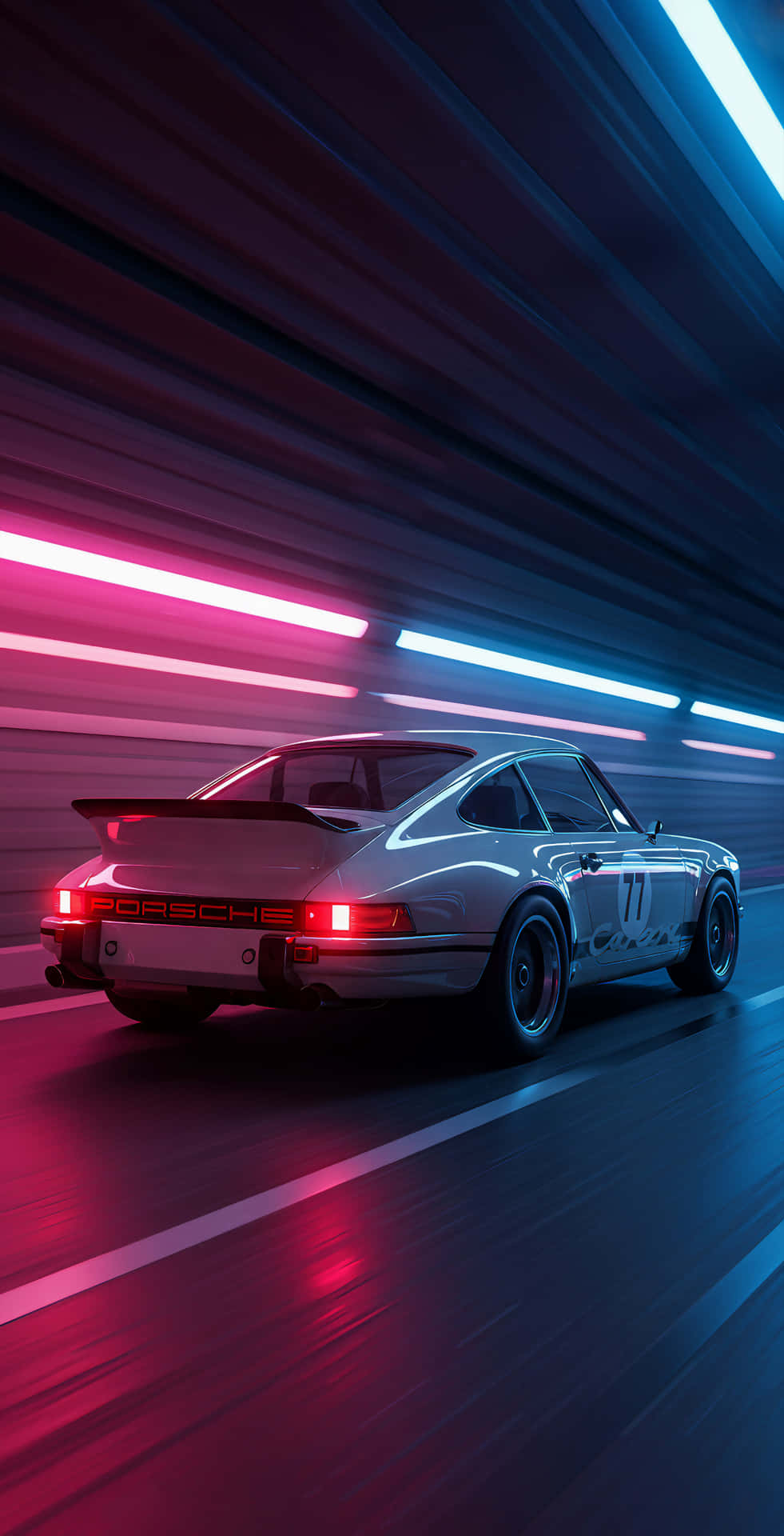 Vintage sports car speeds through neon tunnels with pink and blue streaks in a vibrant vaporwave sty 壁紙 — 一輛銀色保時捷911賽車在粉紅色和藍色光線的霓虹隧道中疾馳。