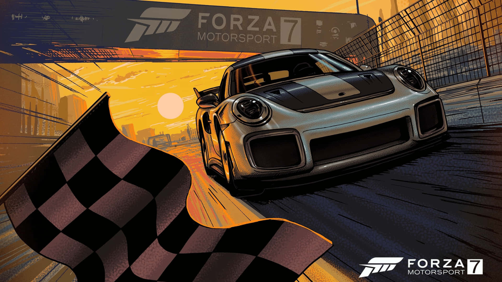 1080p Forza Motorsport 7 桌布 壁紙 — 一輛銀色保時捷賽車在日落時分，在《極限競速》橫幅下越過終點線，格子旗揮舞。