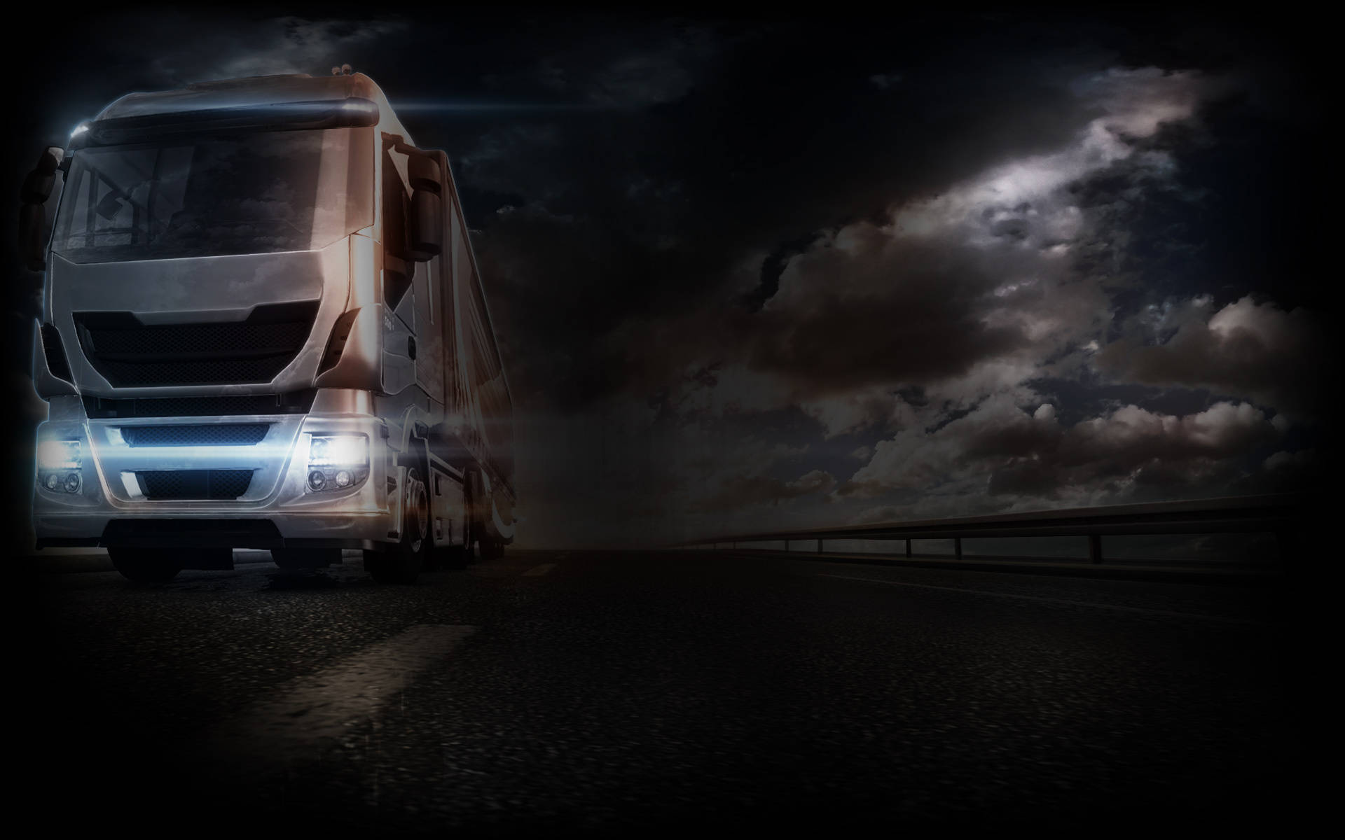 American Truck Simulator 桌布 壁紙 — 一輛銀色卡車的時尚車頭燈穿過暴風雨夜晚的雲層，照亮荒蕪的高速公路。