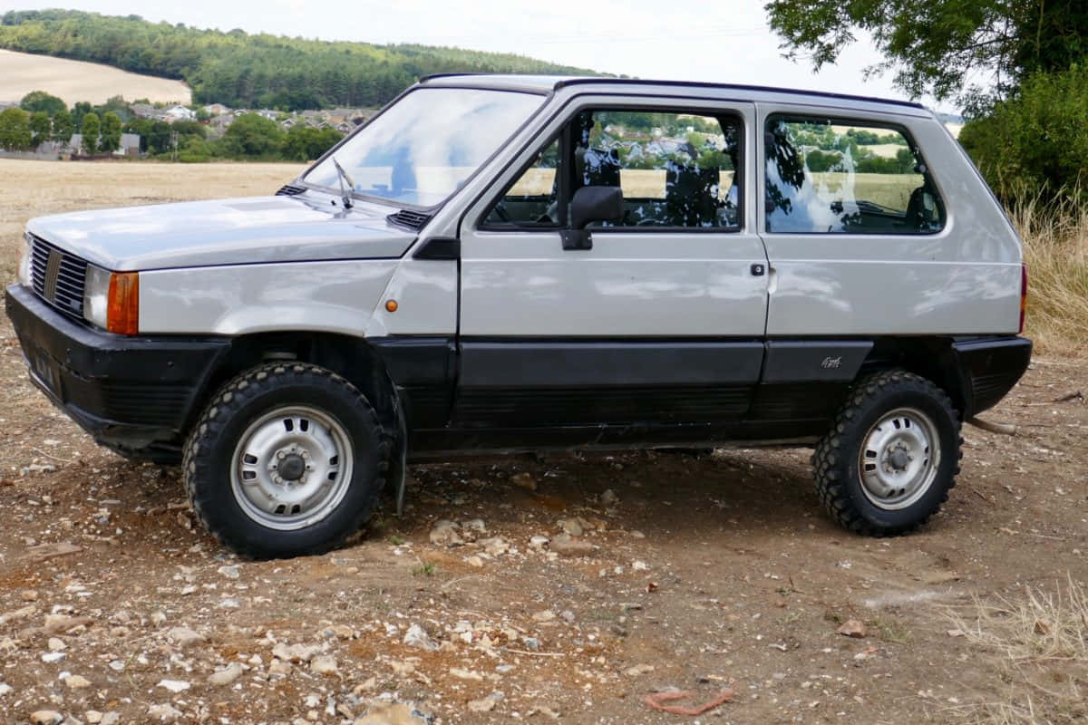 Fiat Panda 桌布 壁紙 — 一輛銀色和黑色的Fiat Panda 4x4停放在碎石地上，背景是起伏的綠色山丘和樹木。
