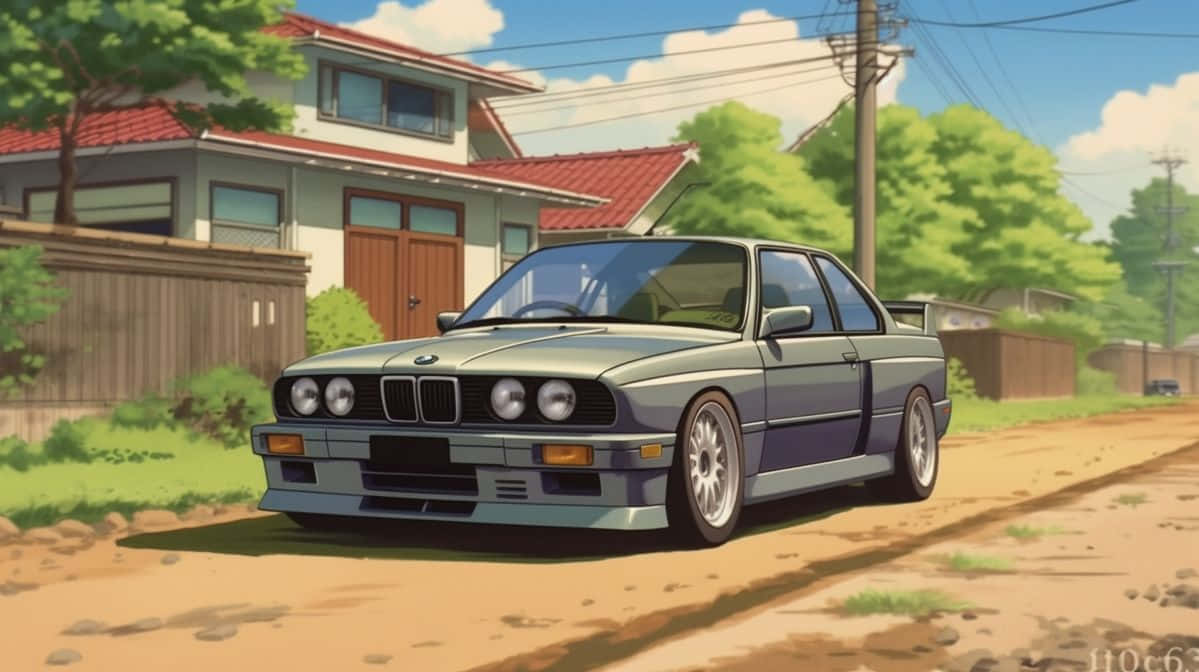 銀色寶馬E30雙門轎跑車停泊在泥路旁，靠近一間有紅屋頂和綠樹的郊區房屋。 — 飄移車 壁紙